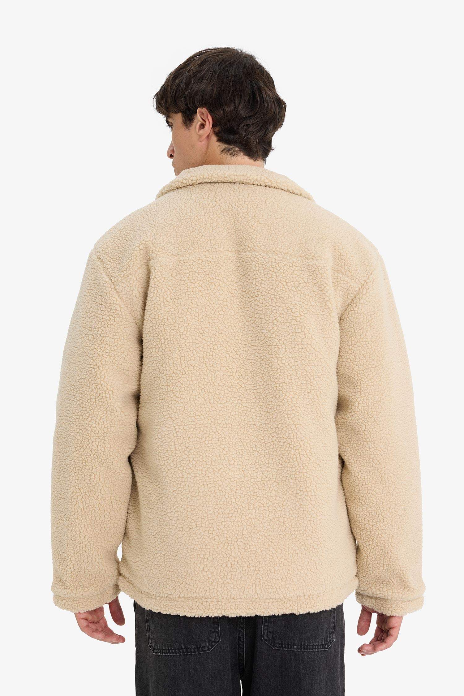 Regular Fit Stand Collar Zippered Plush Jacket