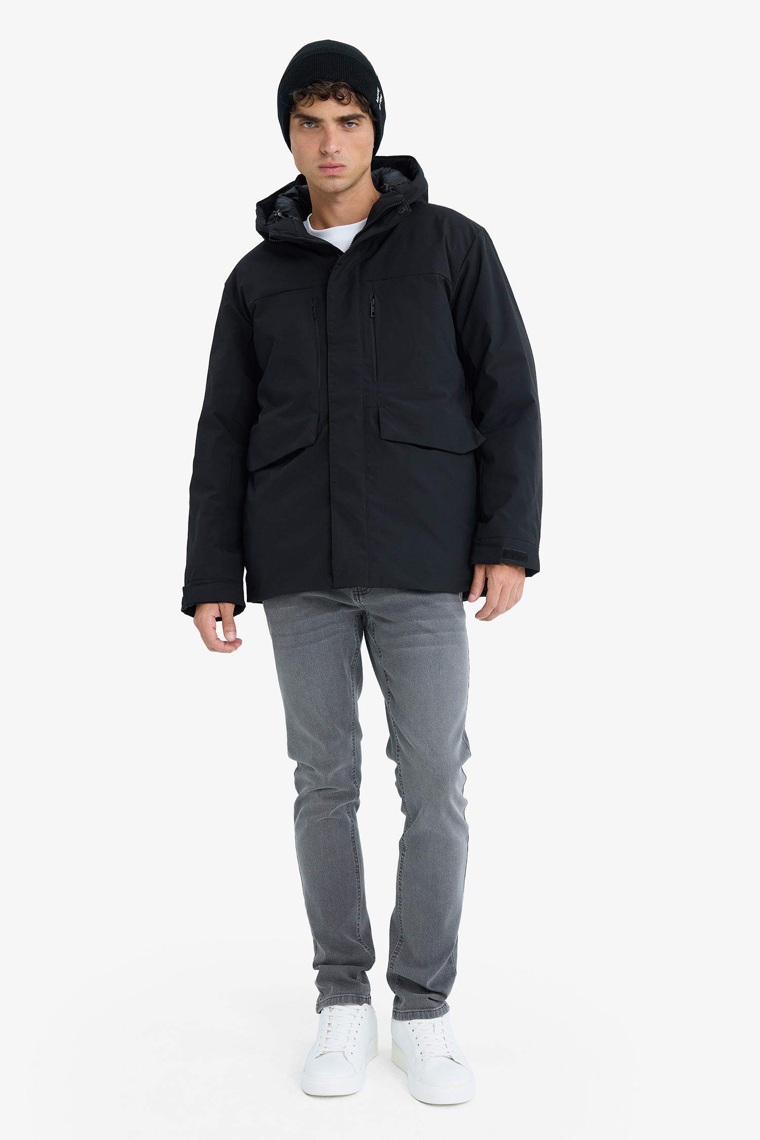 Su İtici Regular Fit Kapüşonlu Fermuarlı İç Cepli Cebi Pelüşlü Mont