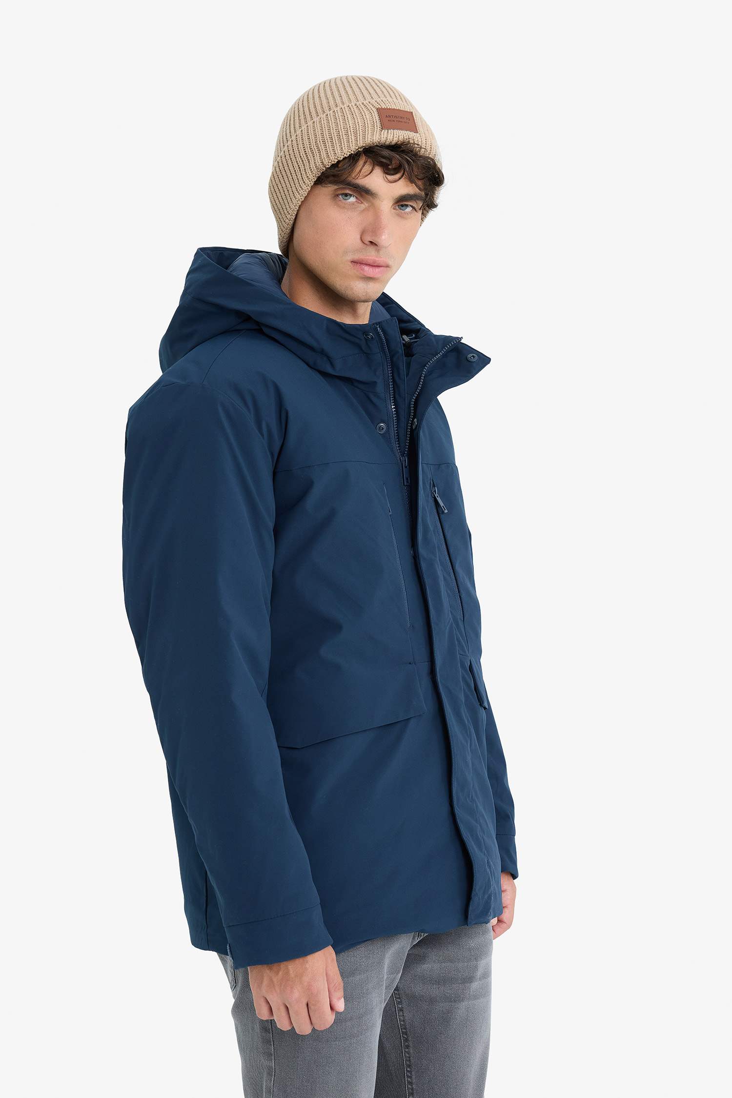 Su İtici Regular Fit Kapüşonlu Fermuarlı İç Cepli Cebi Pelüşlü Mont