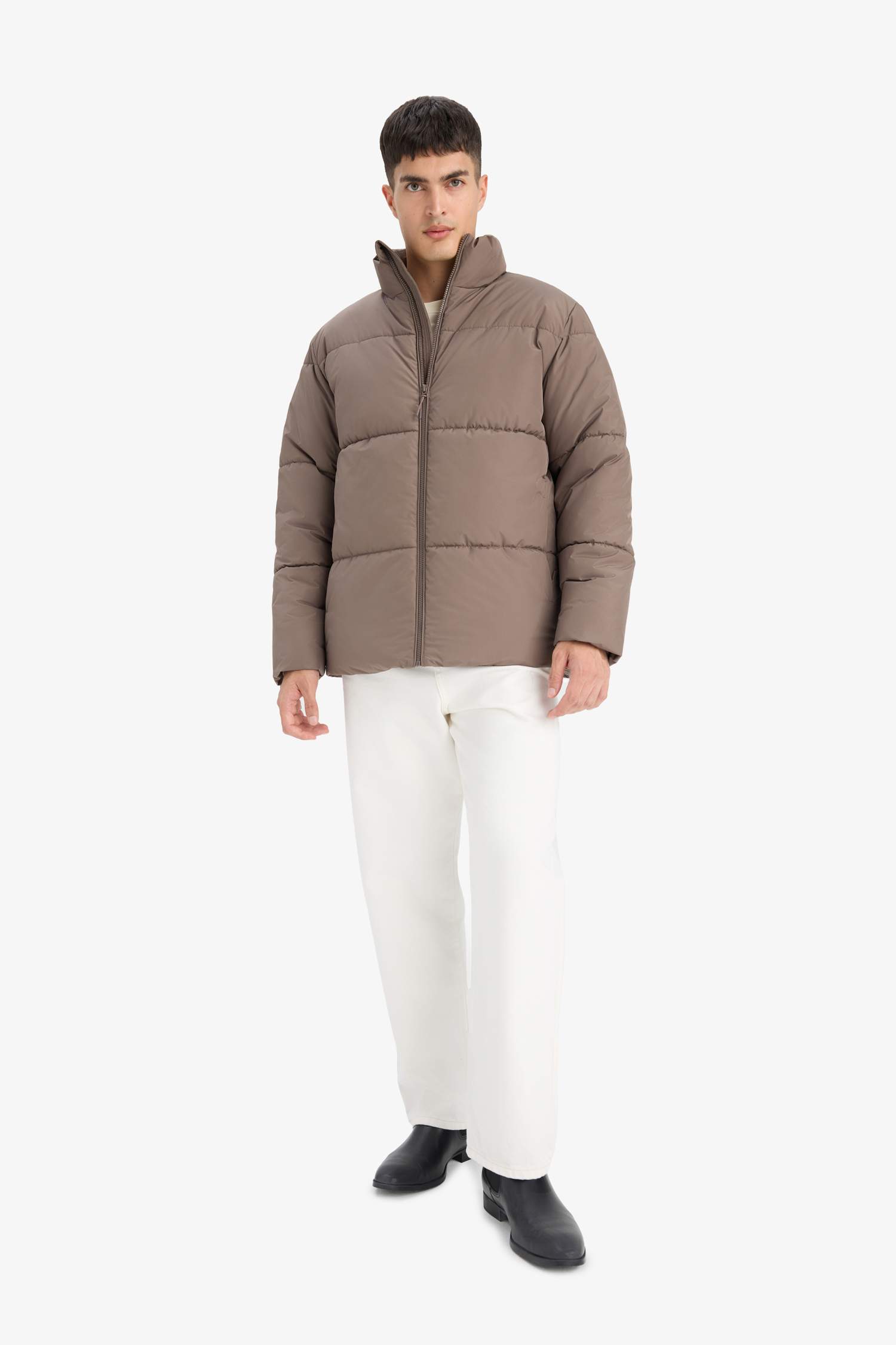 Regular Fit Stand Collar Plush Lined Knit Cuffed Waterproof Jacket