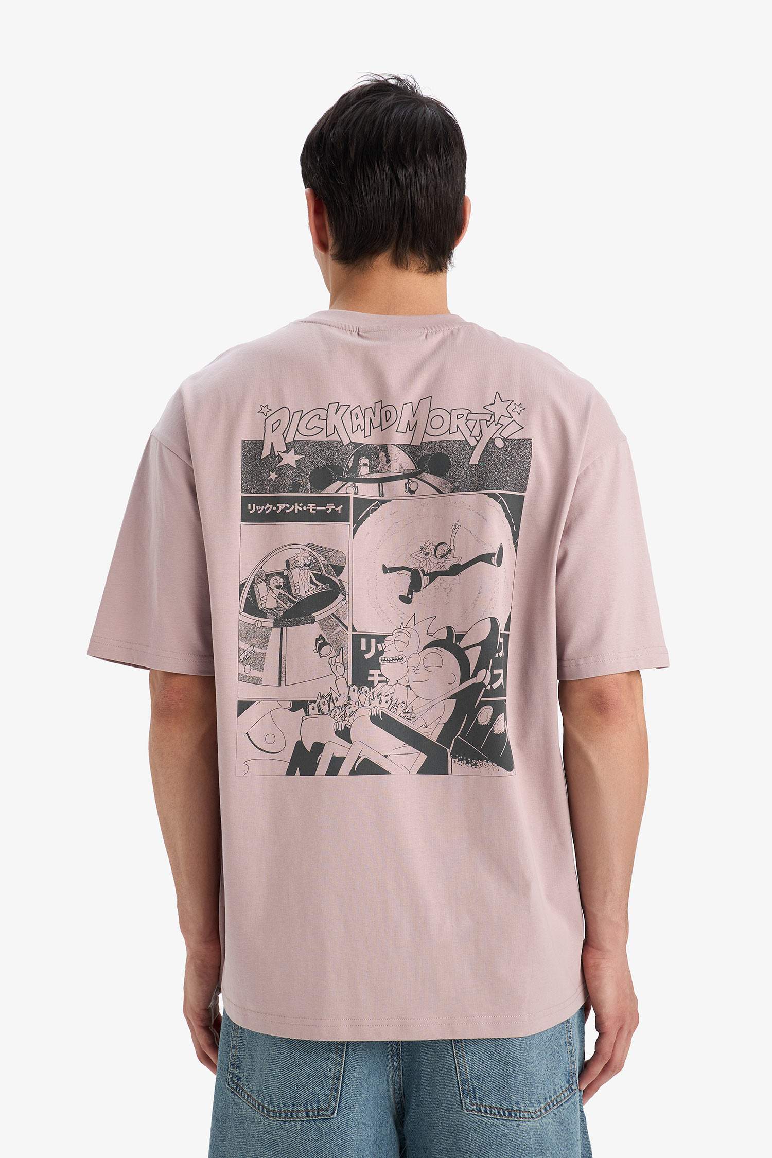 %100 Pamuk Rick and Morty Boxy Fit Rahat Kesim Bisiklet Yaka Sırt Baskılı Kısa Kollu Tişört