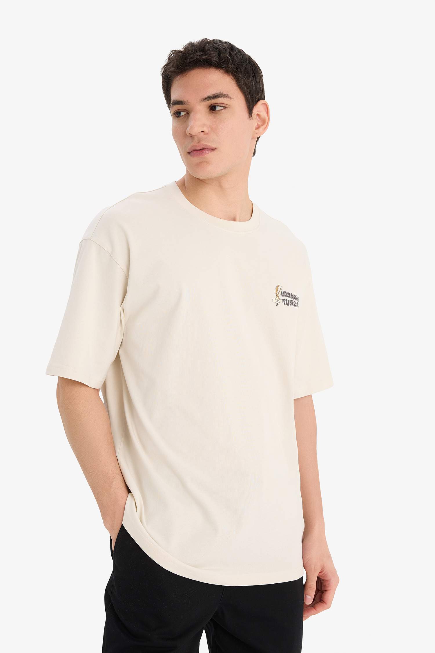 %100 Pamuk Looney Tunes Boxy Fit Rahat Kesim Bisiklet Yaka Sırt Baskılı Kısa Kollu Tişört