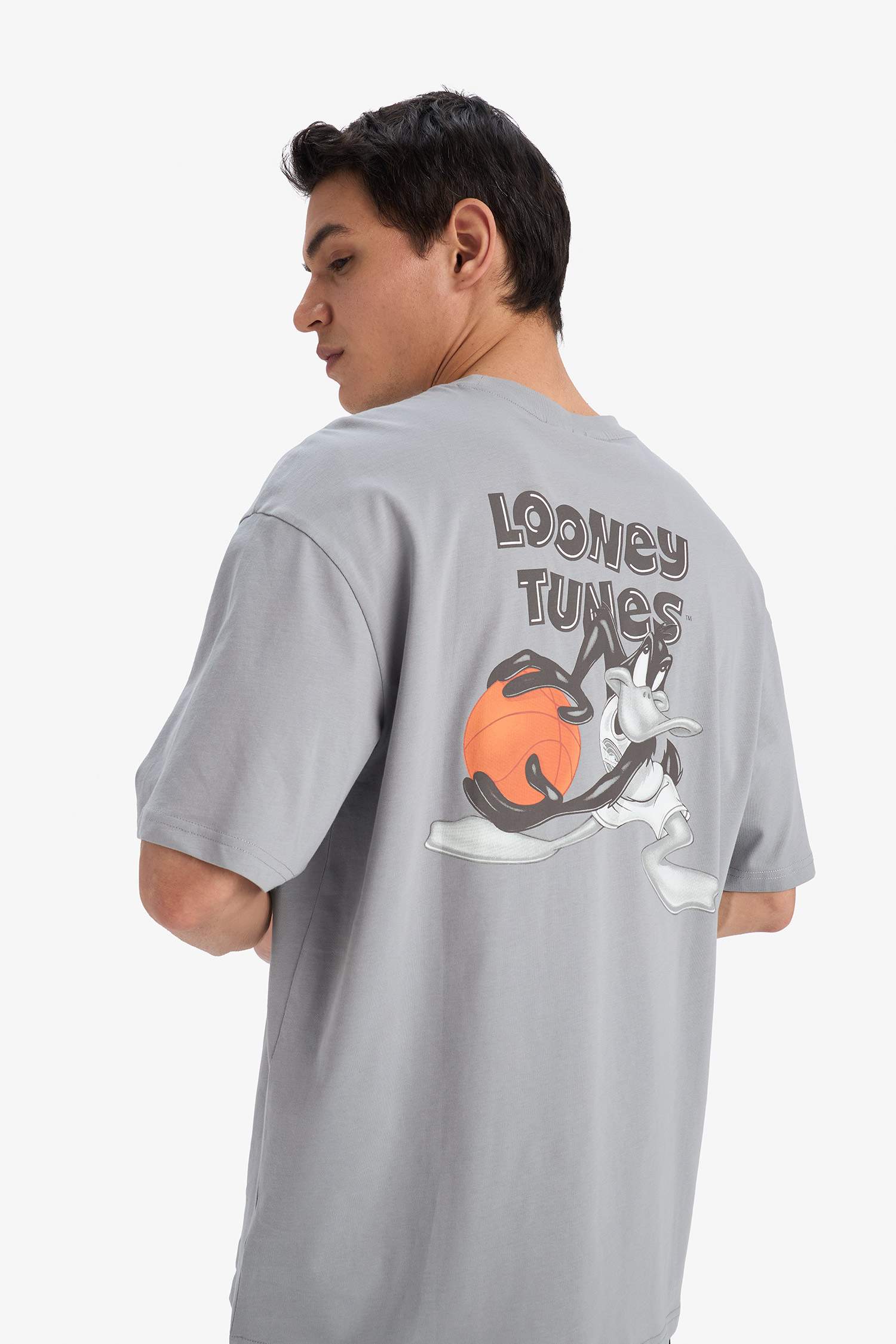 %100 Pamuk Looney Tunes Boxy Fit Bisiklet Yaka Sırt Baskılı Kısa Kollu Tişört