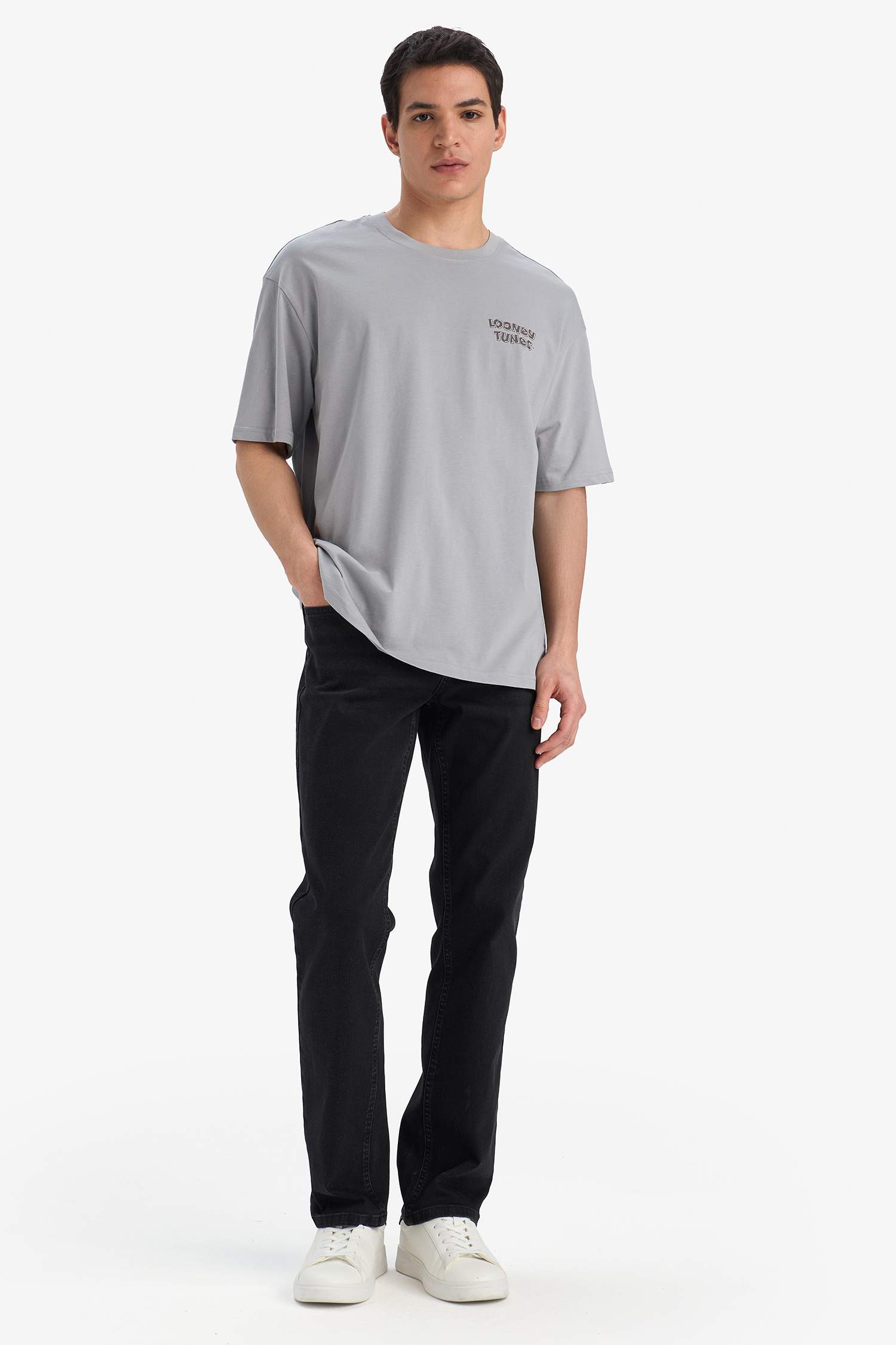 %100 Pamuk Looney Tunes Boxy Fit Bisiklet Yaka Sırt Baskılı Kısa Kollu Tişört