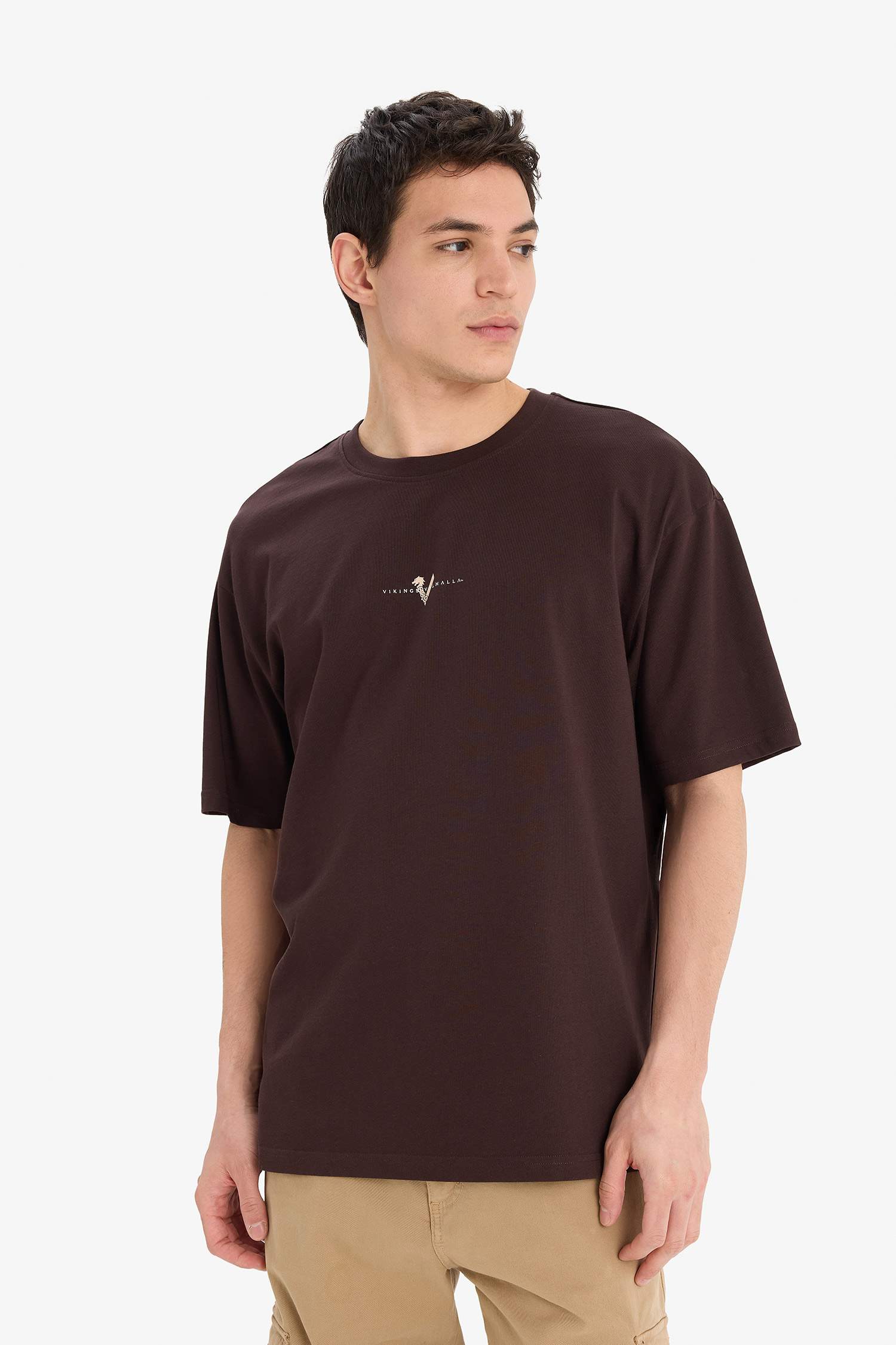 %100 Pamuk Vikings Valhalla Boxy Fit Rahat Kesim Bisiklet Yaka Sırt Baskılı Kısa Kollu Tişört