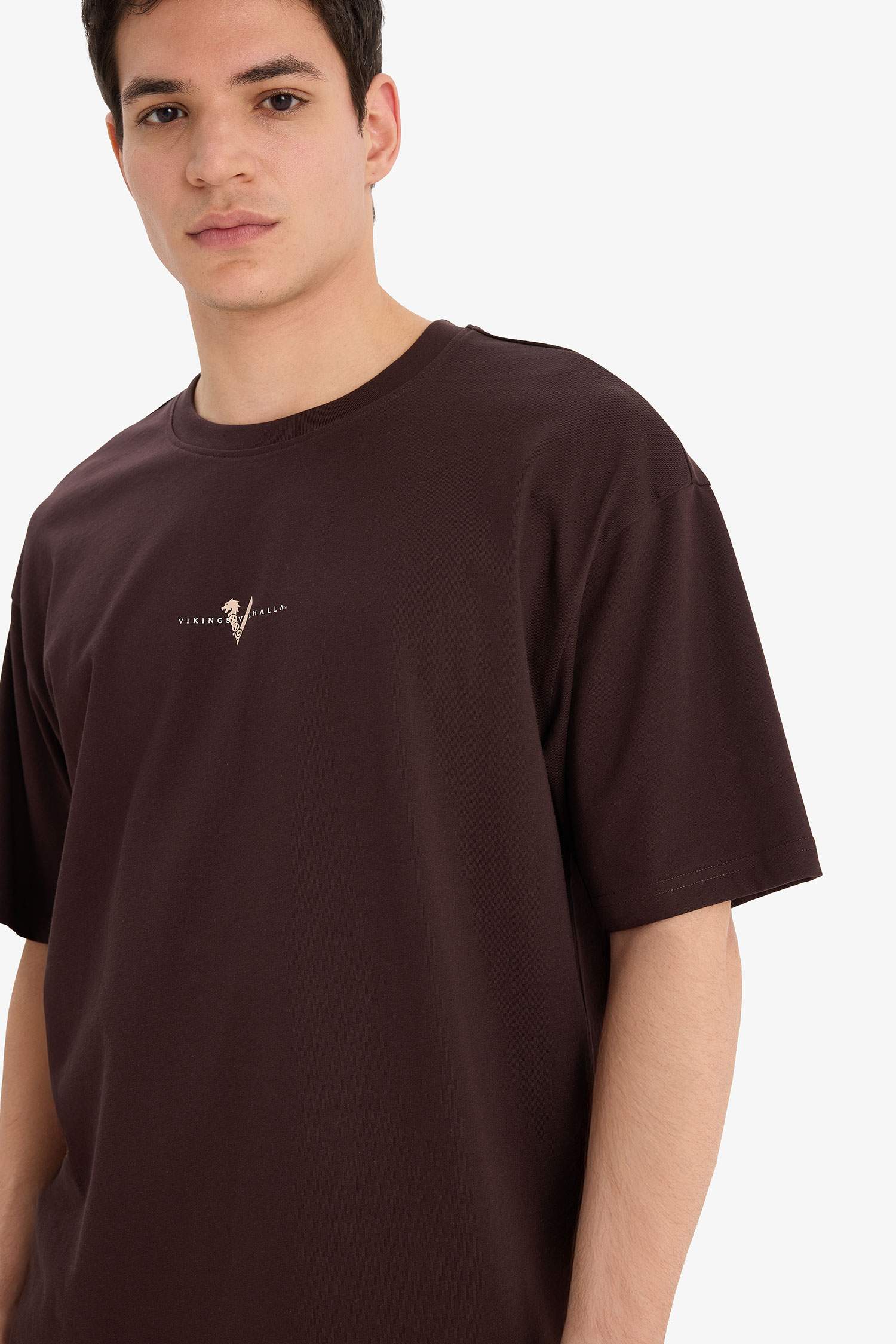 %100 Pamuk Vikings Valhalla Boxy Fit Rahat Kesim Bisiklet Yaka Sırt Baskılı Kısa Kollu Tişört