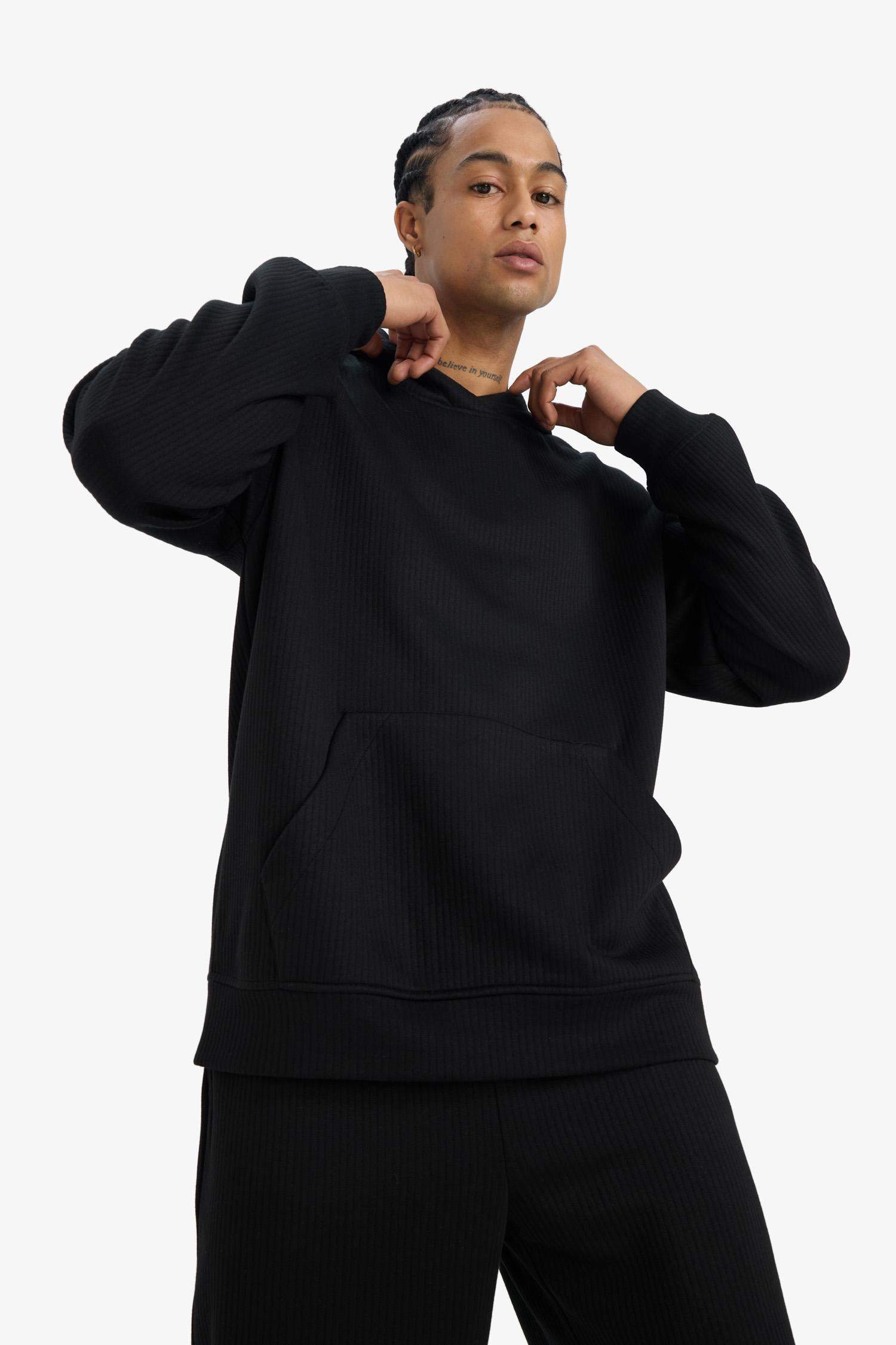 Boxy Fit Kapüşonlu Kanguru Cepli Jakarlı Sweatshirt