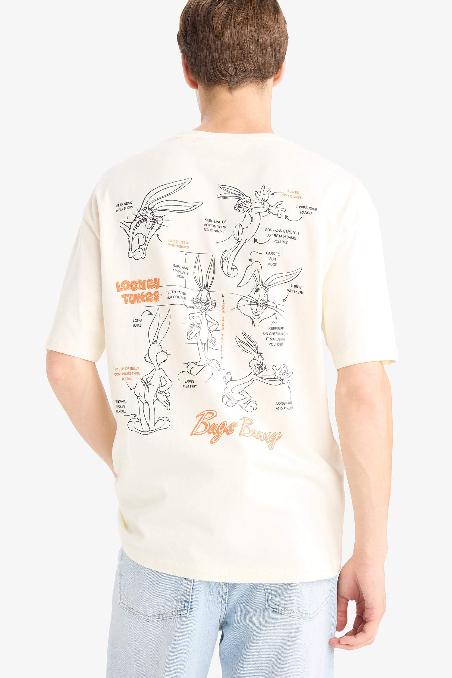 T-shirt boxy en coton imprimé au dos Looney Tunes à col rond Coupe décontractée