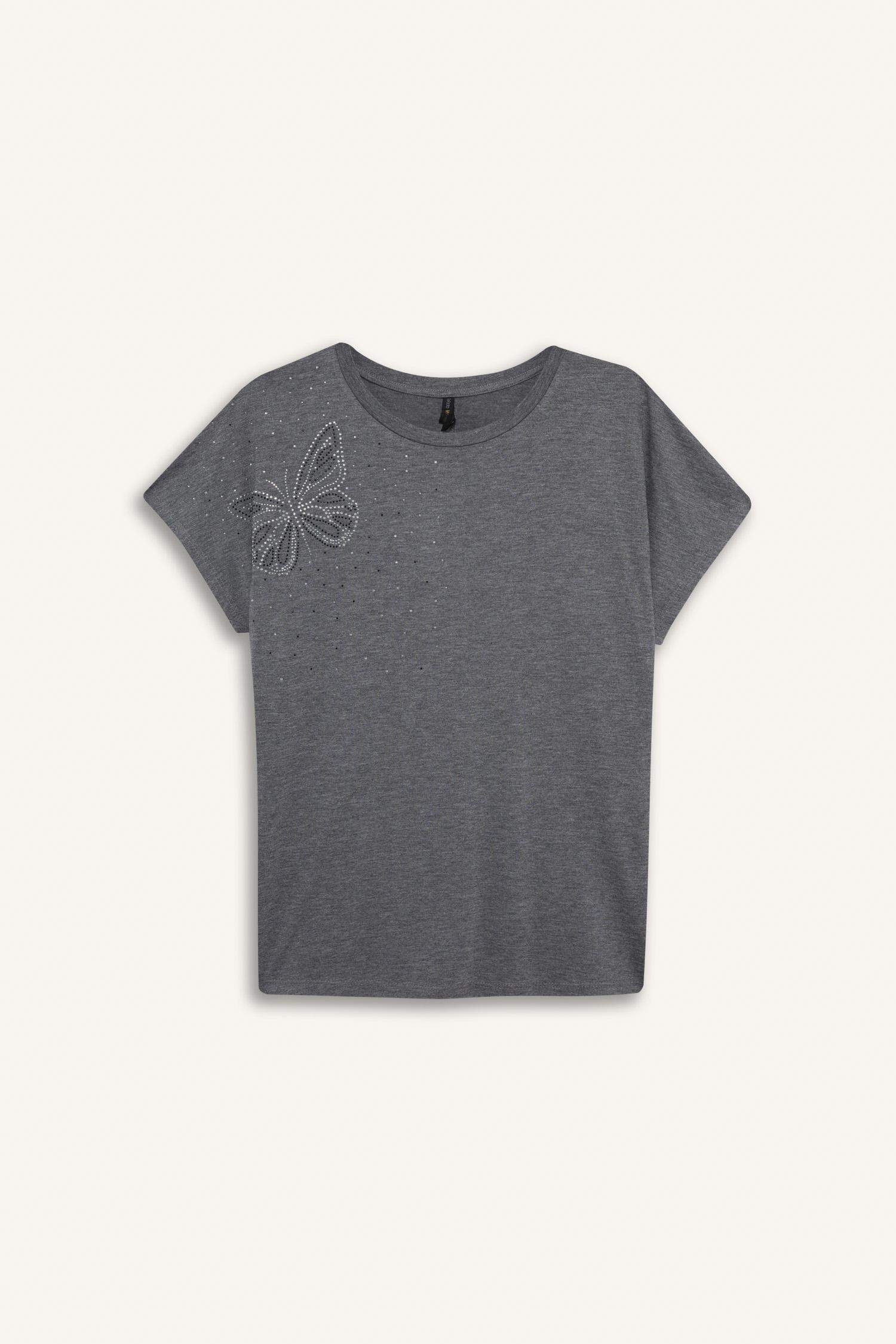 T-shirt motif papillon en strass à col rond et manches courtes