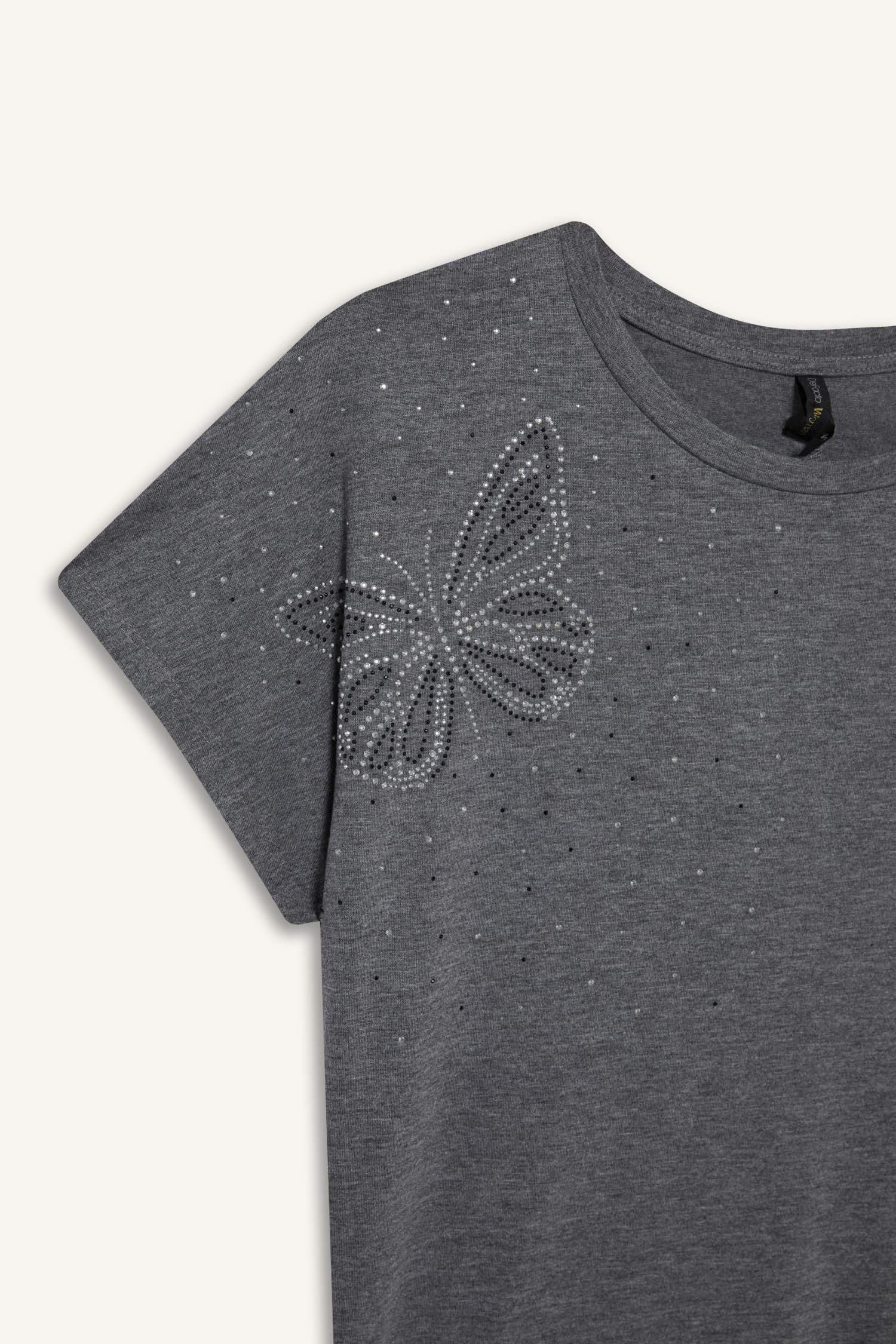 T-shirt motif papillon en strass à col rond et manches courtes