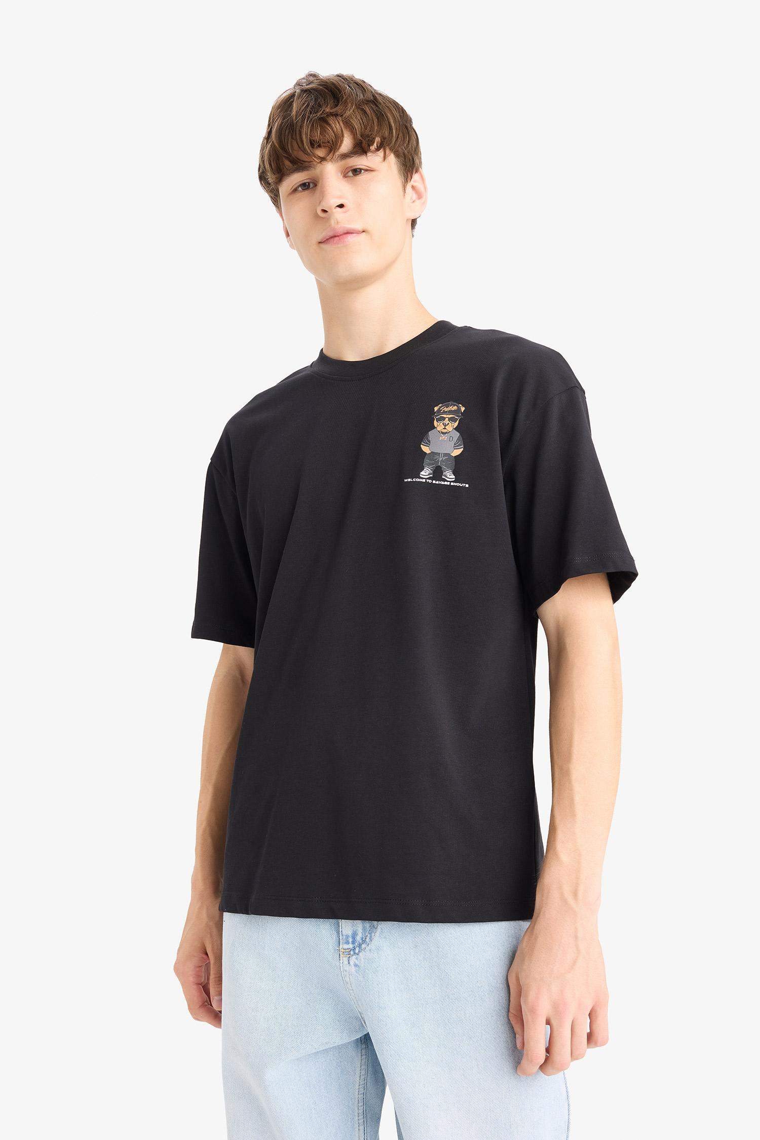 %100 Pamuk Boxy Fit Rahat Kesim Bisiklet Yaka Sırt Baskılı Kısa Kollu Tişört