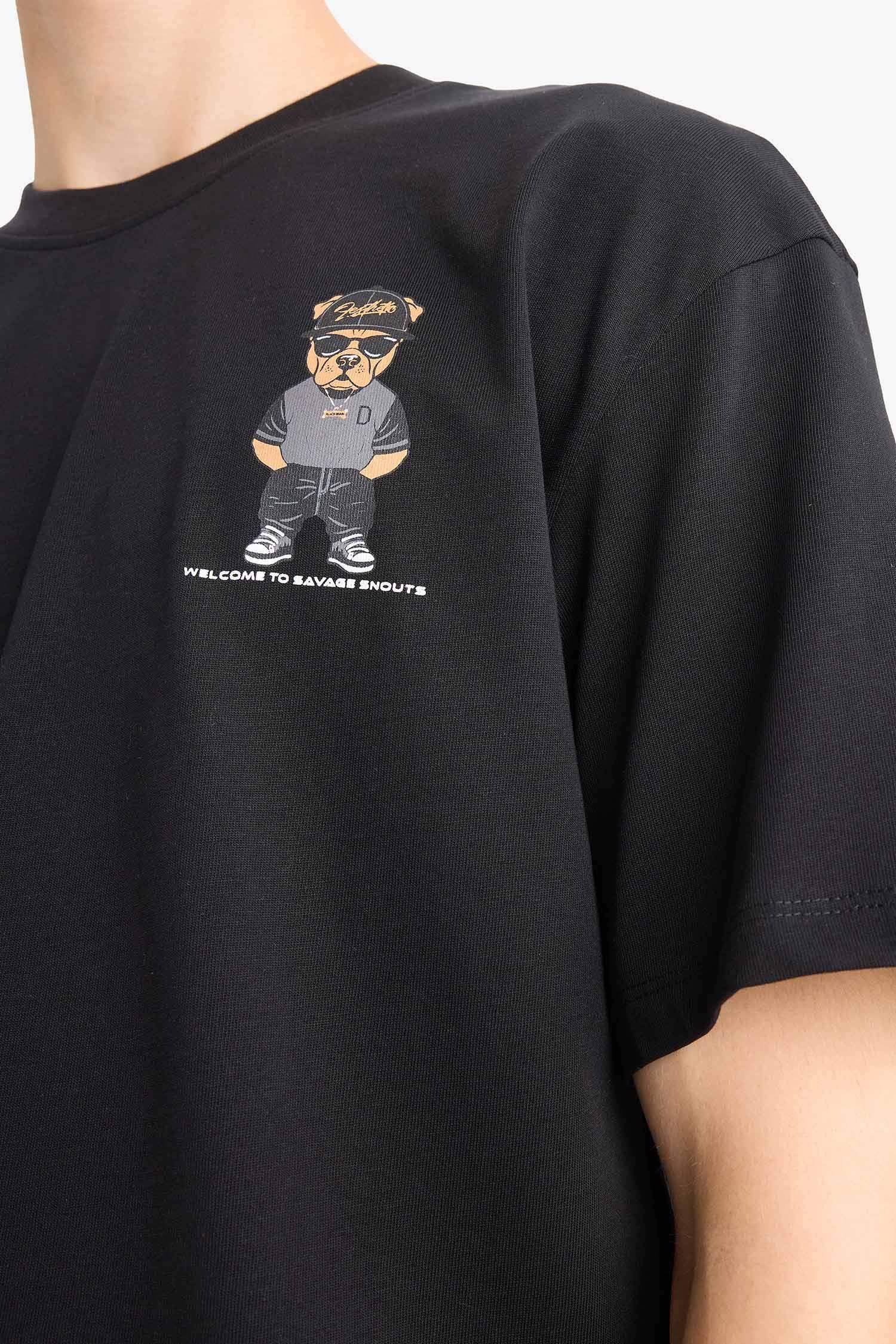 %100 Pamuk Boxy Fit Rahat Kesim Bisiklet Yaka Sırt Baskılı Kısa Kollu Tişört