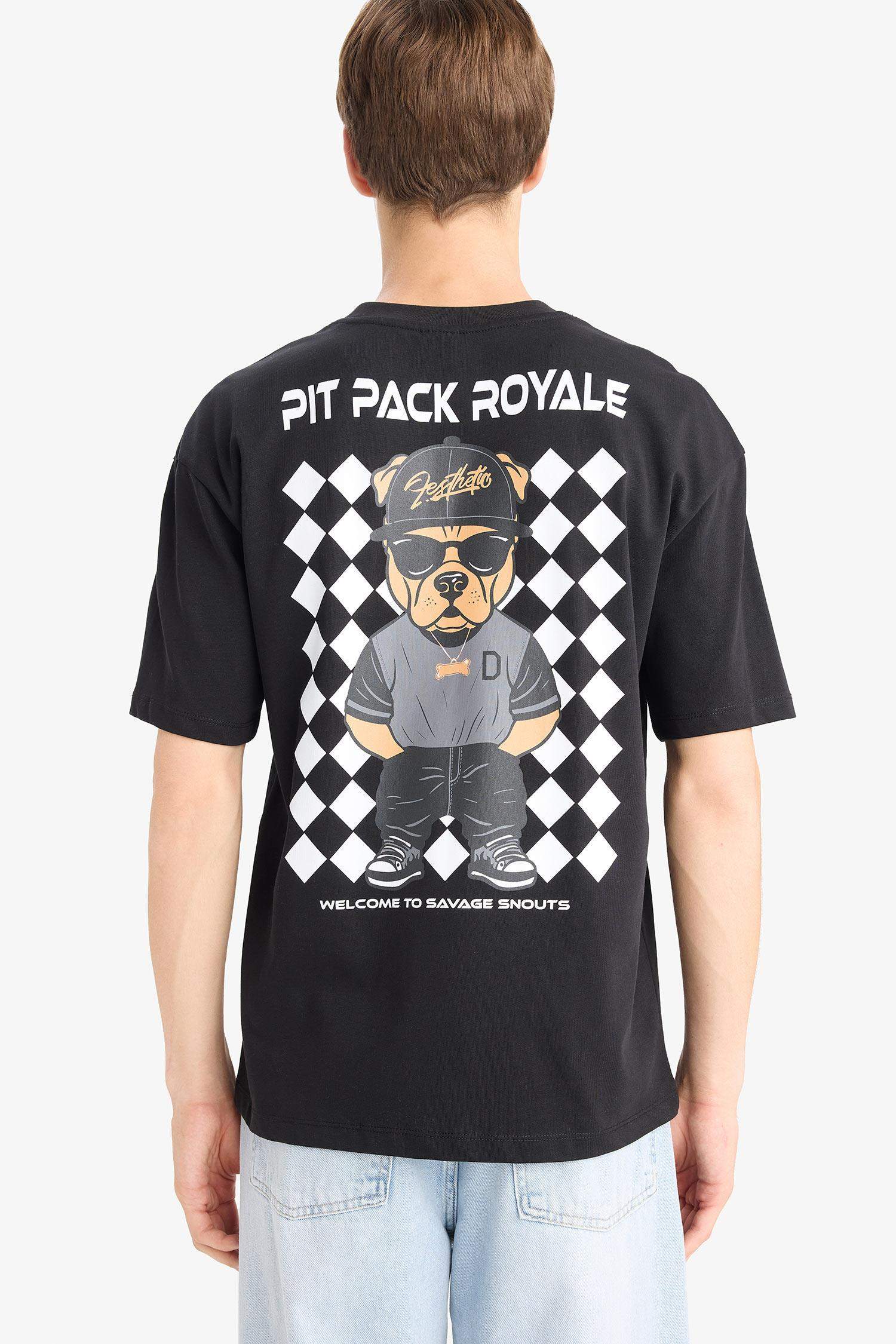 %100 Pamuk Boxy Fit Rahat Kesim Bisiklet Yaka Sırt Baskılı Kısa Kollu Tişört