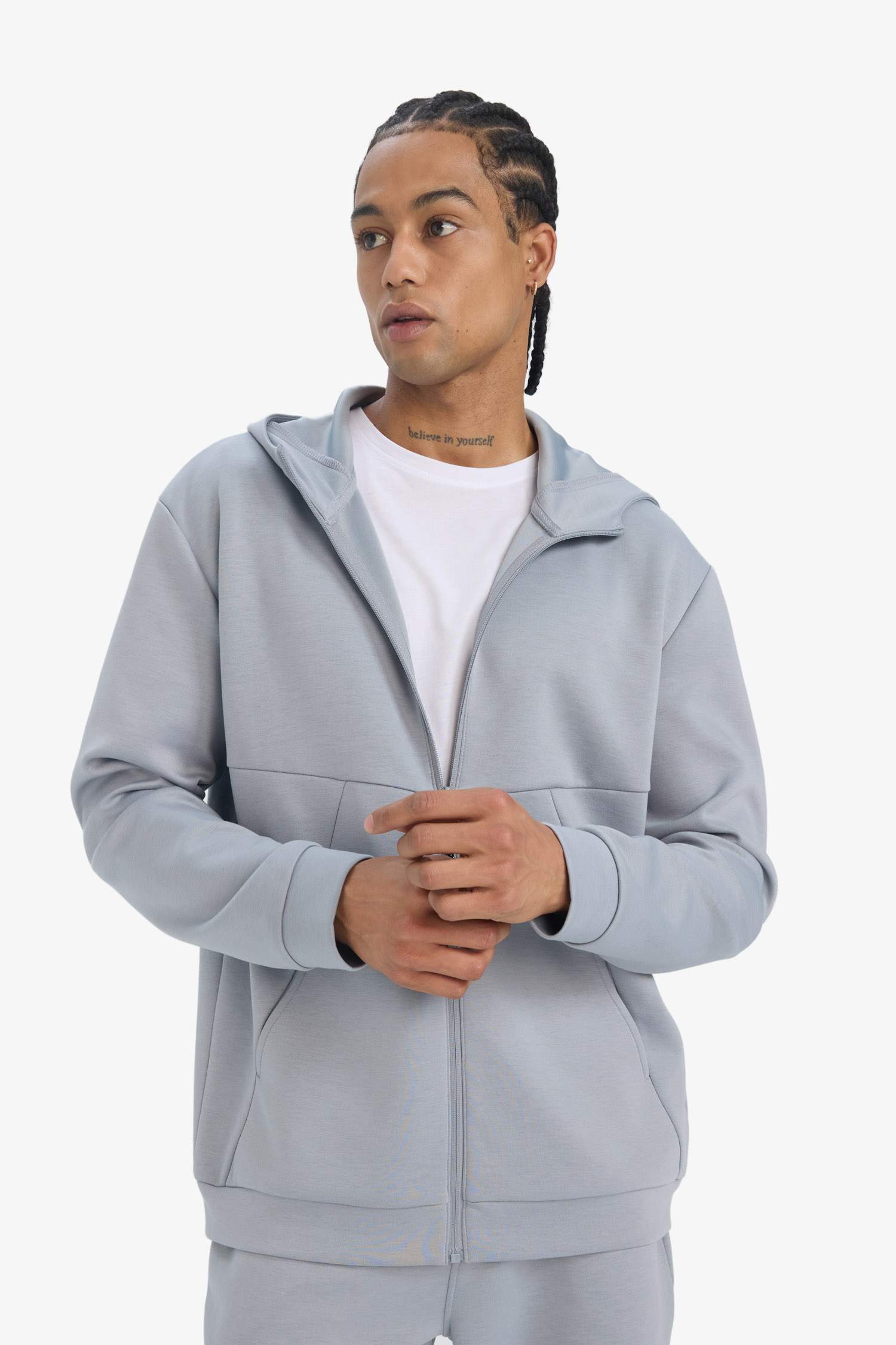 DeFactoFit Standart Fit Kapüşonlu Skuba Dalgıç Kumaş Yumuşak Tuşe Fermuarlı Hırka