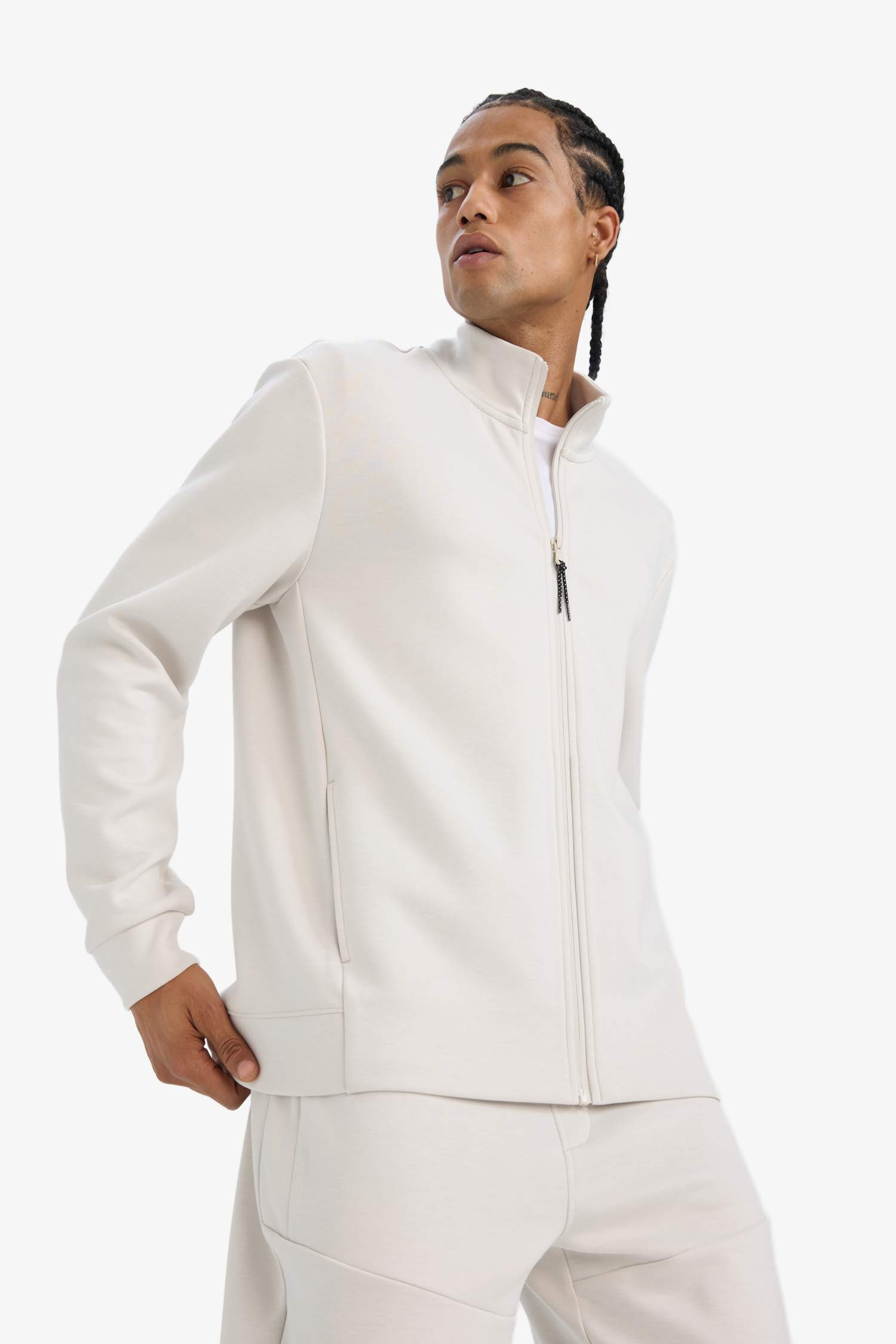 Standart Fit Dik Yaka Skuba Dalgıç Kumaş Fermuarlı Hırka