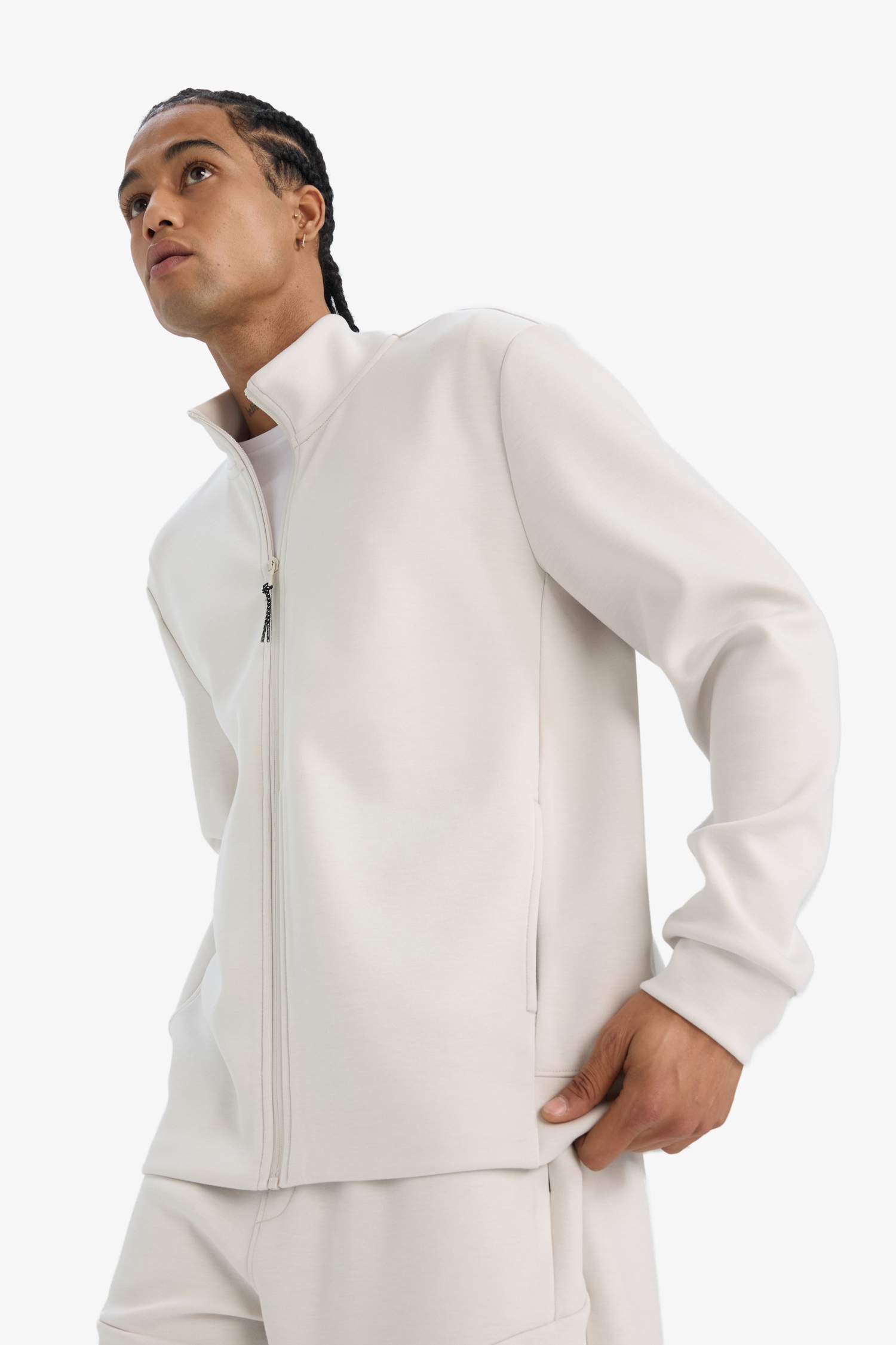 Standart Fit Dik Yaka Skuba Dalgıç Kumaş Fermuarlı Hırka