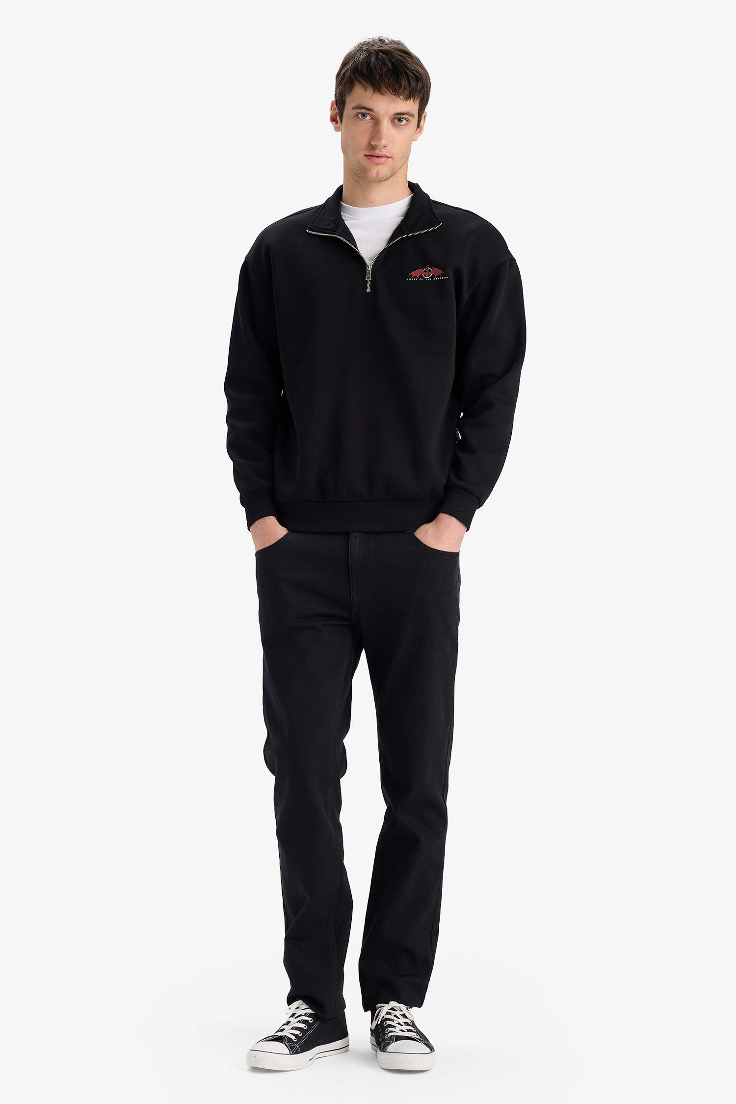 House Of The Dragon Boxy Fit Dik Yaka Fermuarlı Sırt Baskılı Sweatshirt