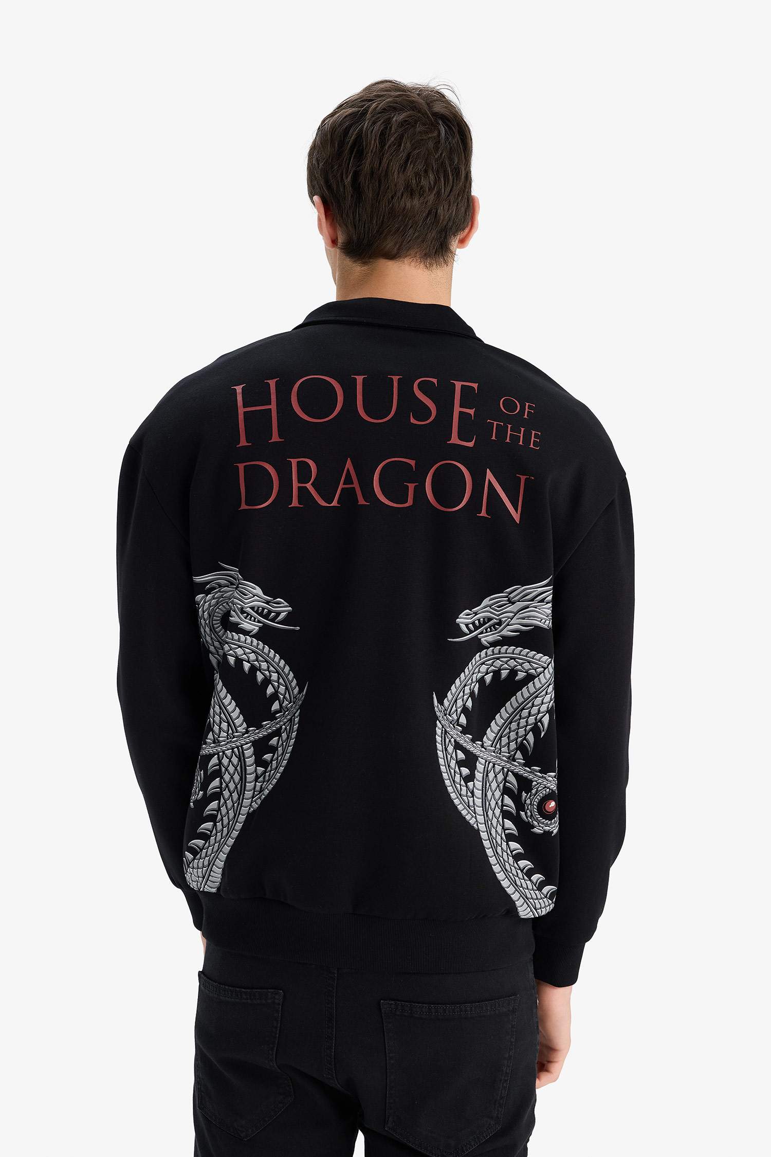 House Of The Dragon Boxy Fit Dik Yaka Fermuarlı Sırt Baskılı Sweatshirt