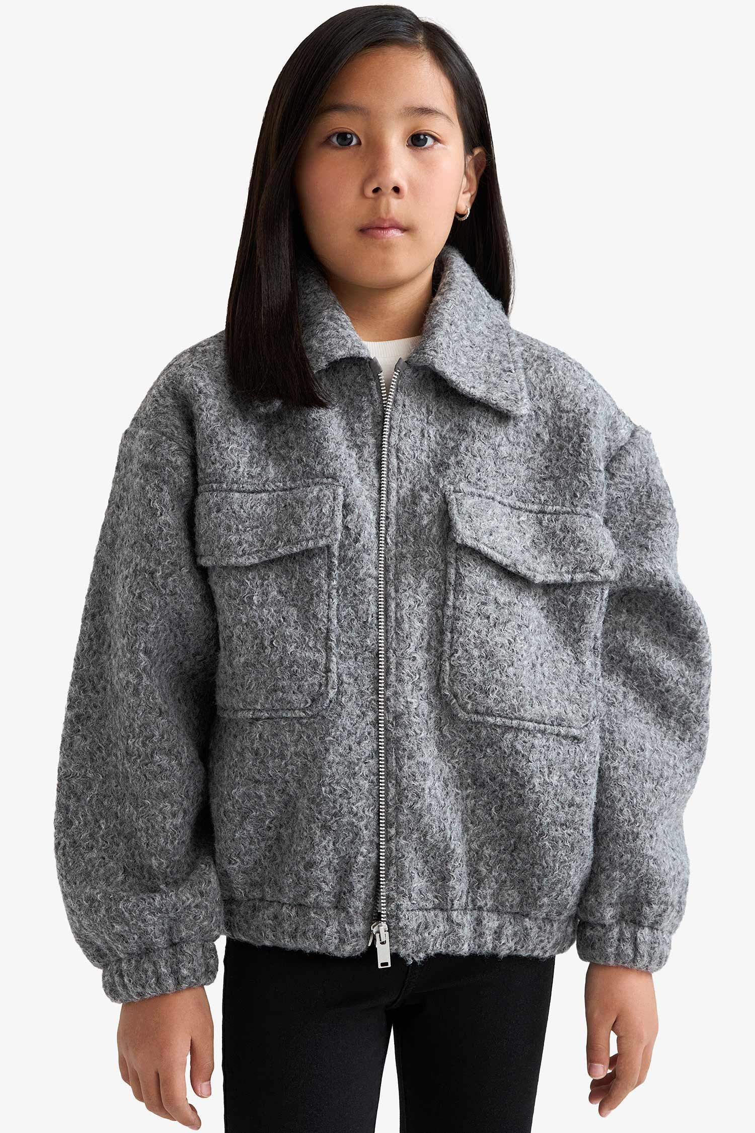 Girl Polo Collar Zippered Puffer Jacket