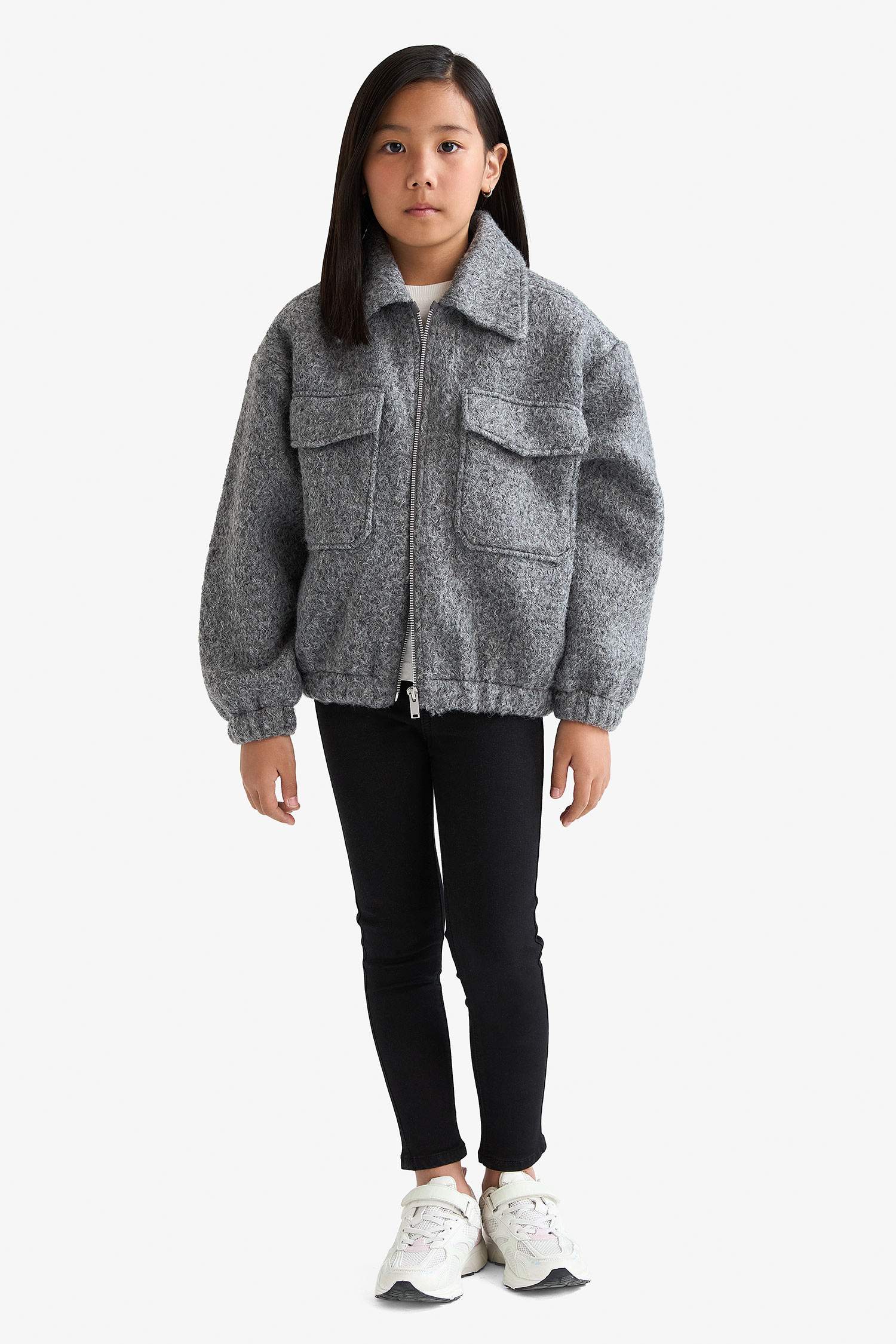 Girl Polo Collar Zippered Puffer Jacket