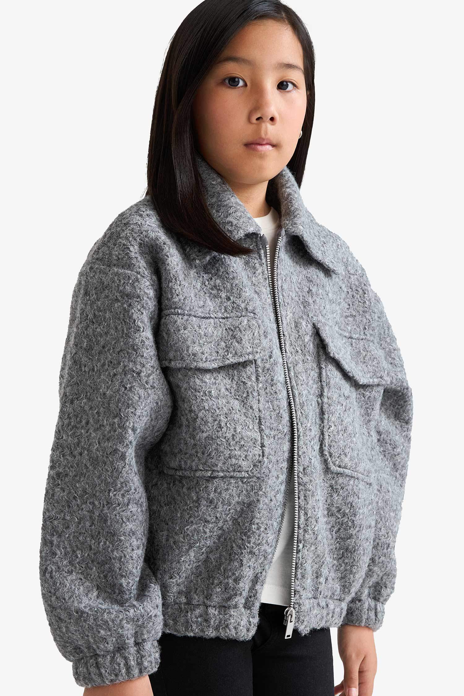 Girl Polo Collar Zippered Puffer Jacket