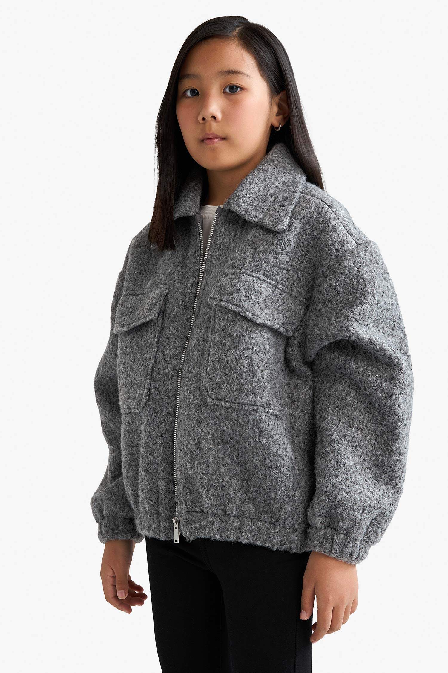 Girl Polo Collar Zippered Puffer Jacket