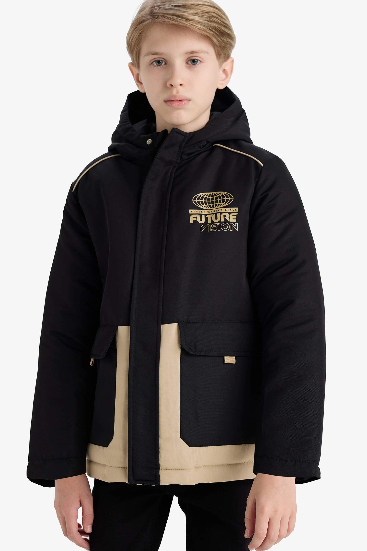 Erkek Çocuk Su İtici Kapüşonlu Fermuarlı Mont