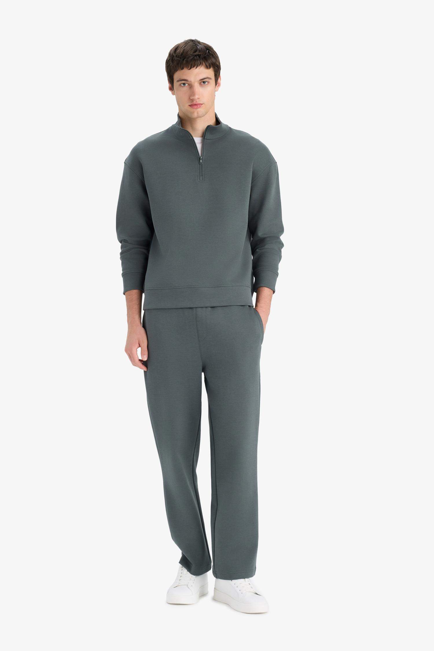 Boxy Fit Dik Yaka Yarım Fermuarlı Skuba Dalgıç Kumaş Sweatshirt 