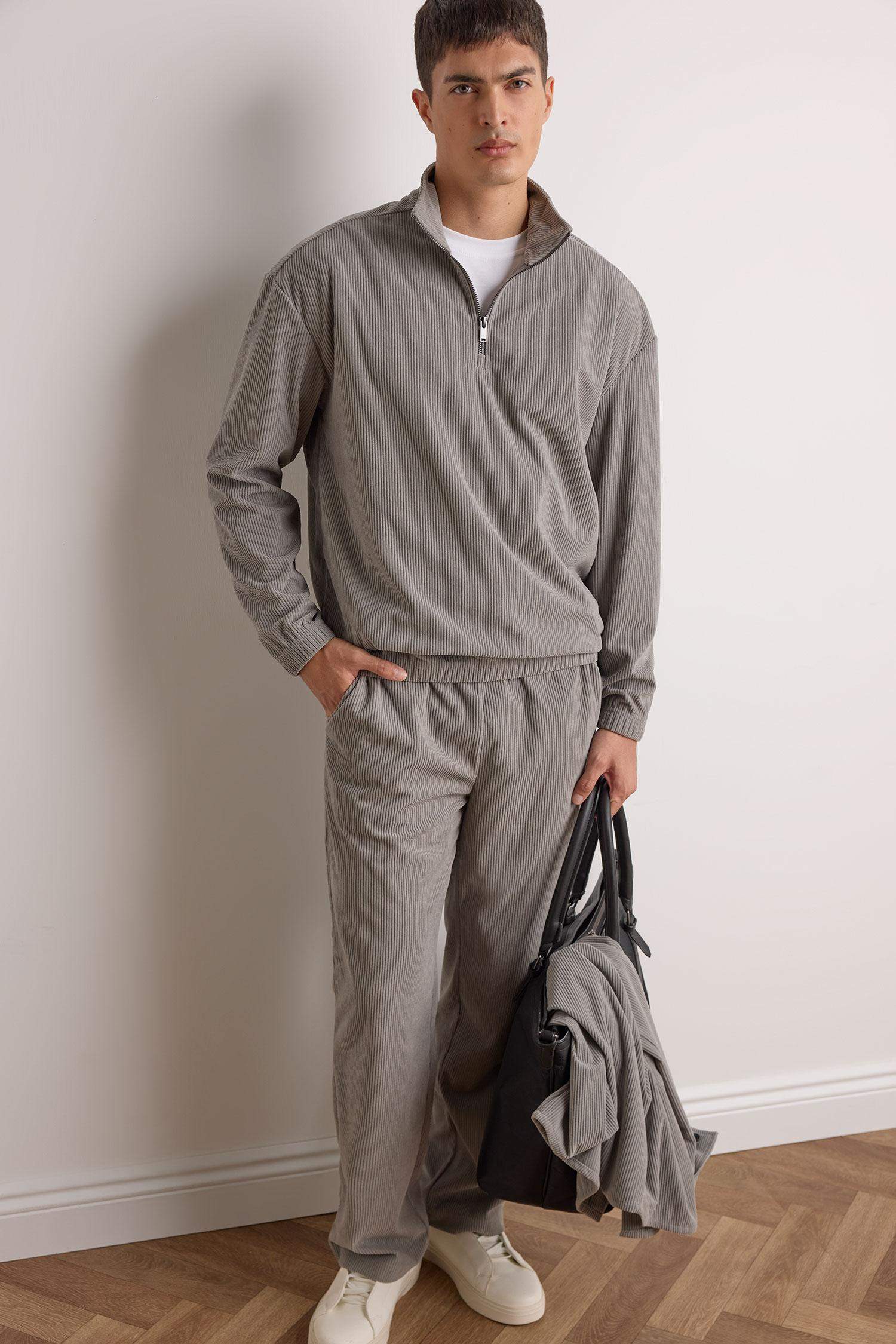 Boxy Fit Stand Collar Zippered Velvet Sweatshirt