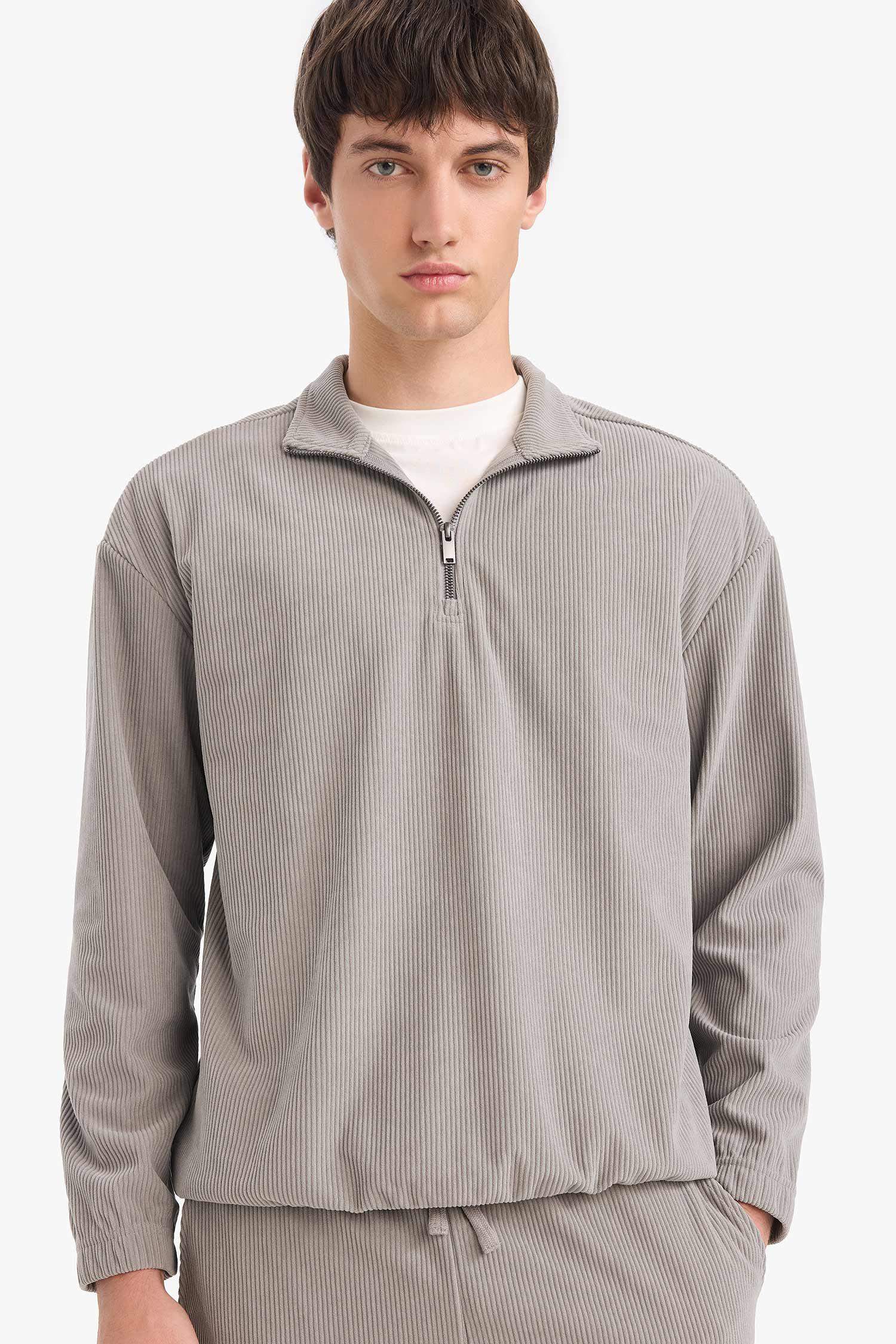 Boxy Fit Stand Collar Zippered Velvet Sweatshirt