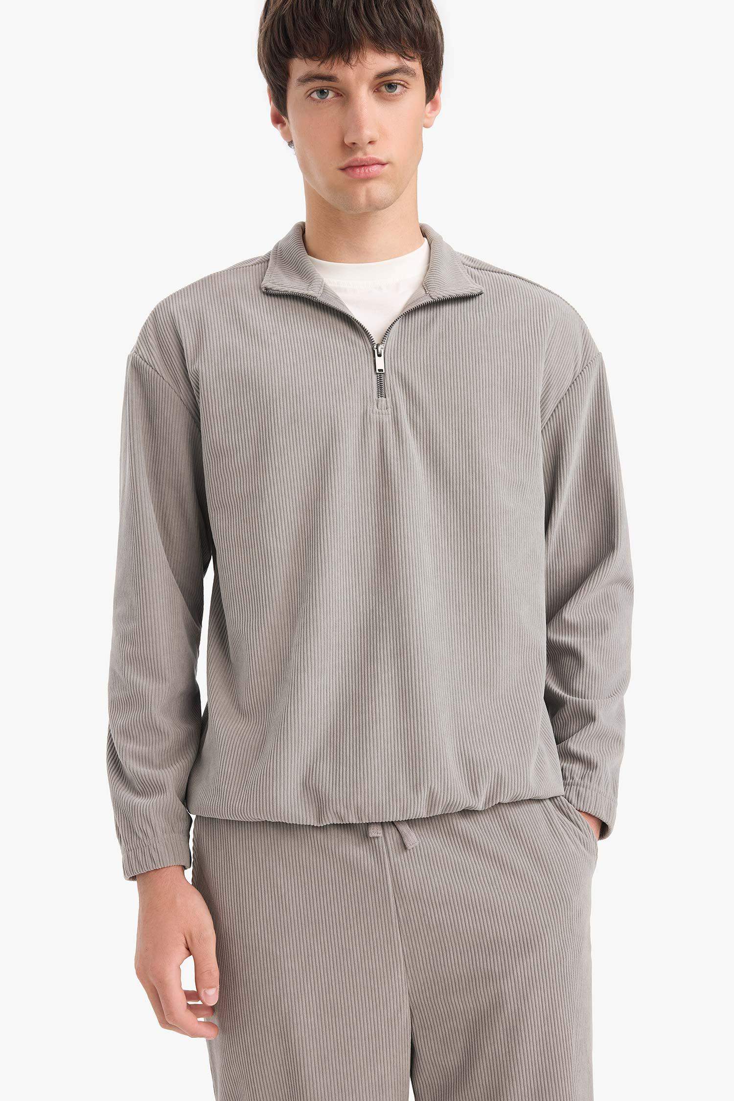 Boxy Fit Stand Collar Zippered Velvet Sweatshirt