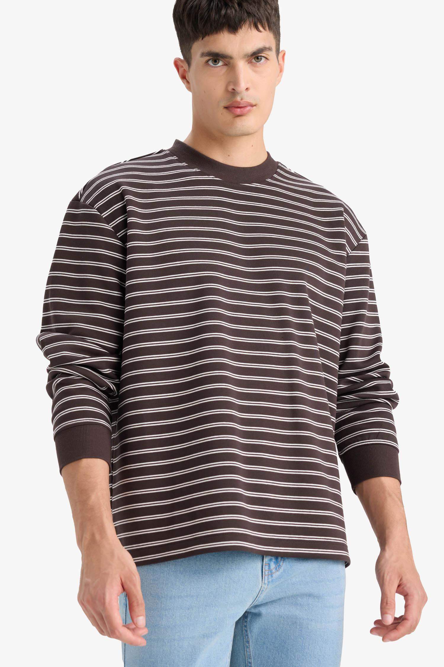 Relax Fit Bisiklet Yaka Çizgili Sweatshirt