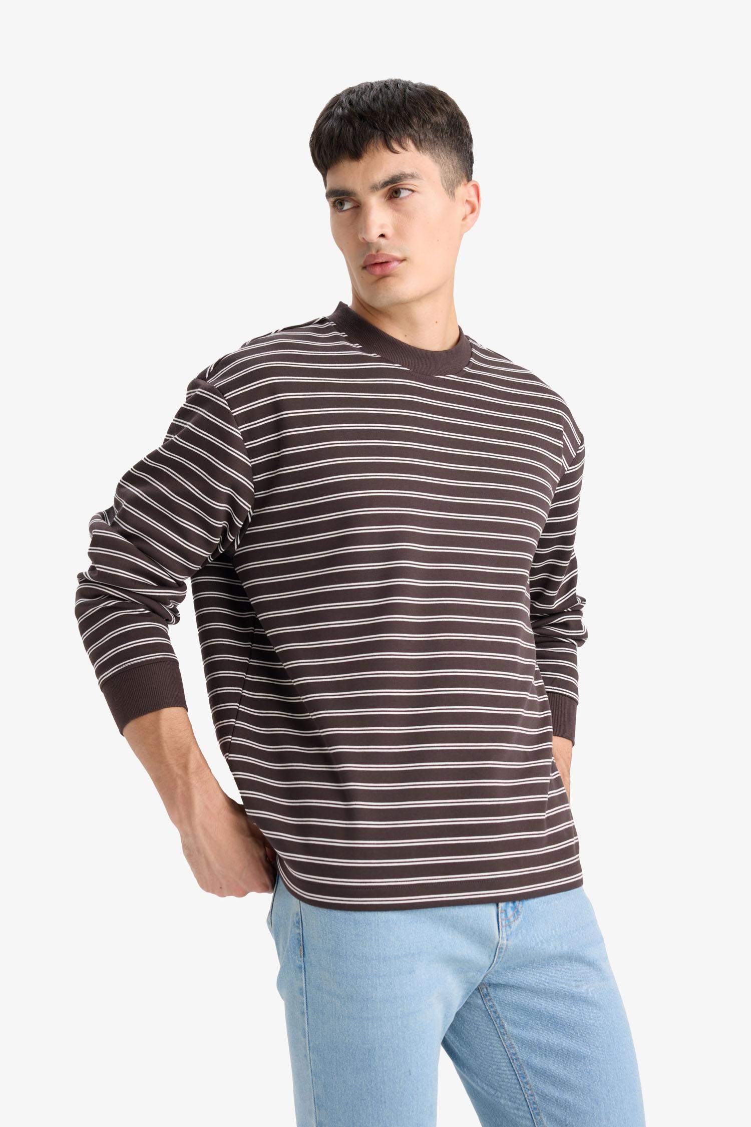 Relax Fit Bisiklet Yaka Çizgili Sweatshirt