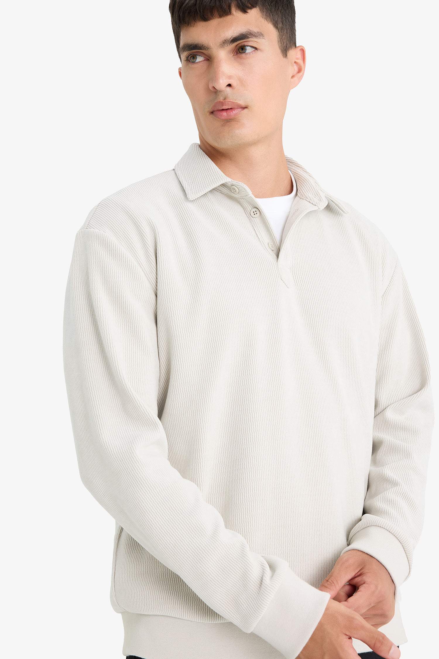 Regular Fit Polo Yaka Yarım Fermuarlı Fitilli Kadife Sweatshirt