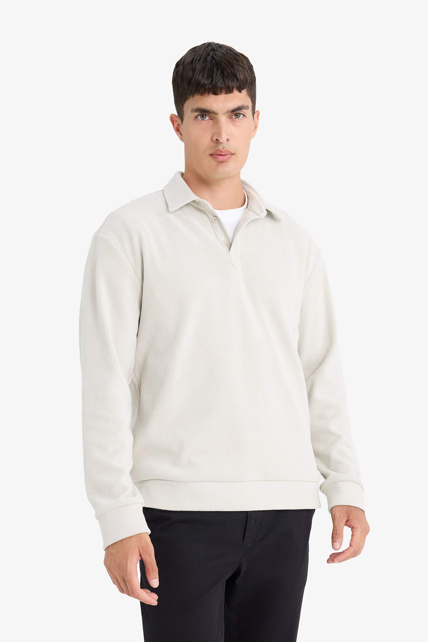 Regular Fit Polo Yaka Yarım Fermuarlı Fitilli Kadife Sweatshirt