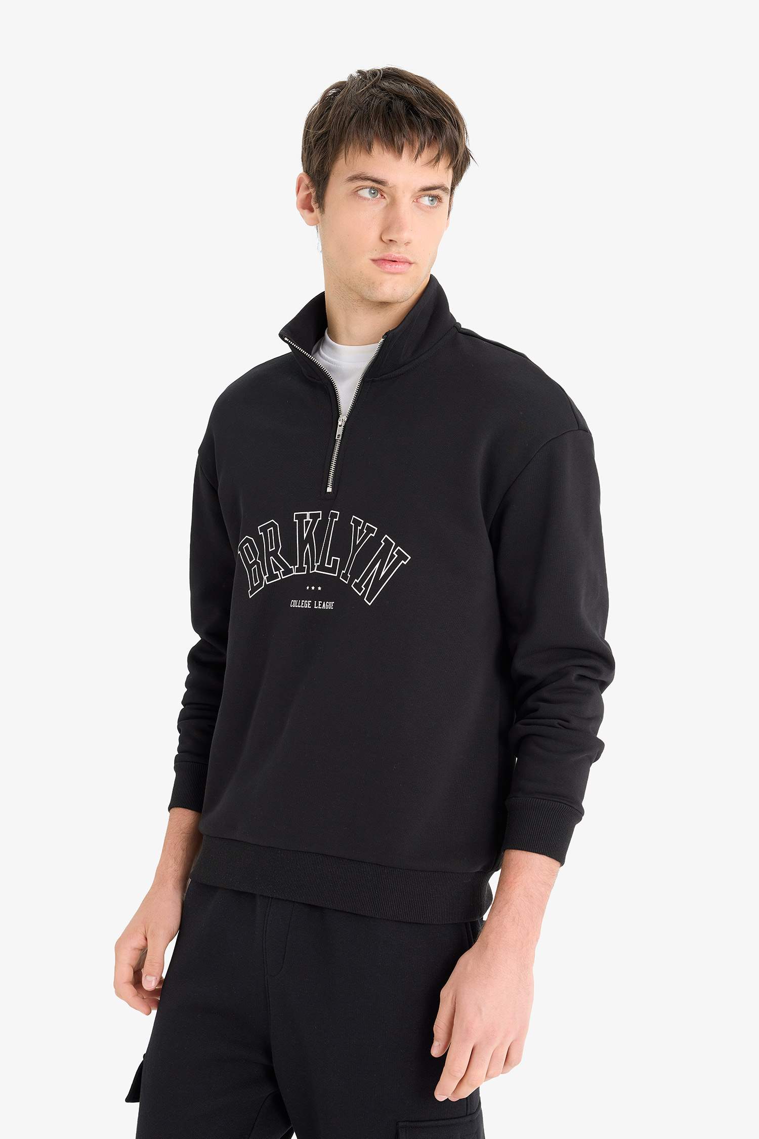 Boxy Fit Printed High Neck Zippered Sweatshirt