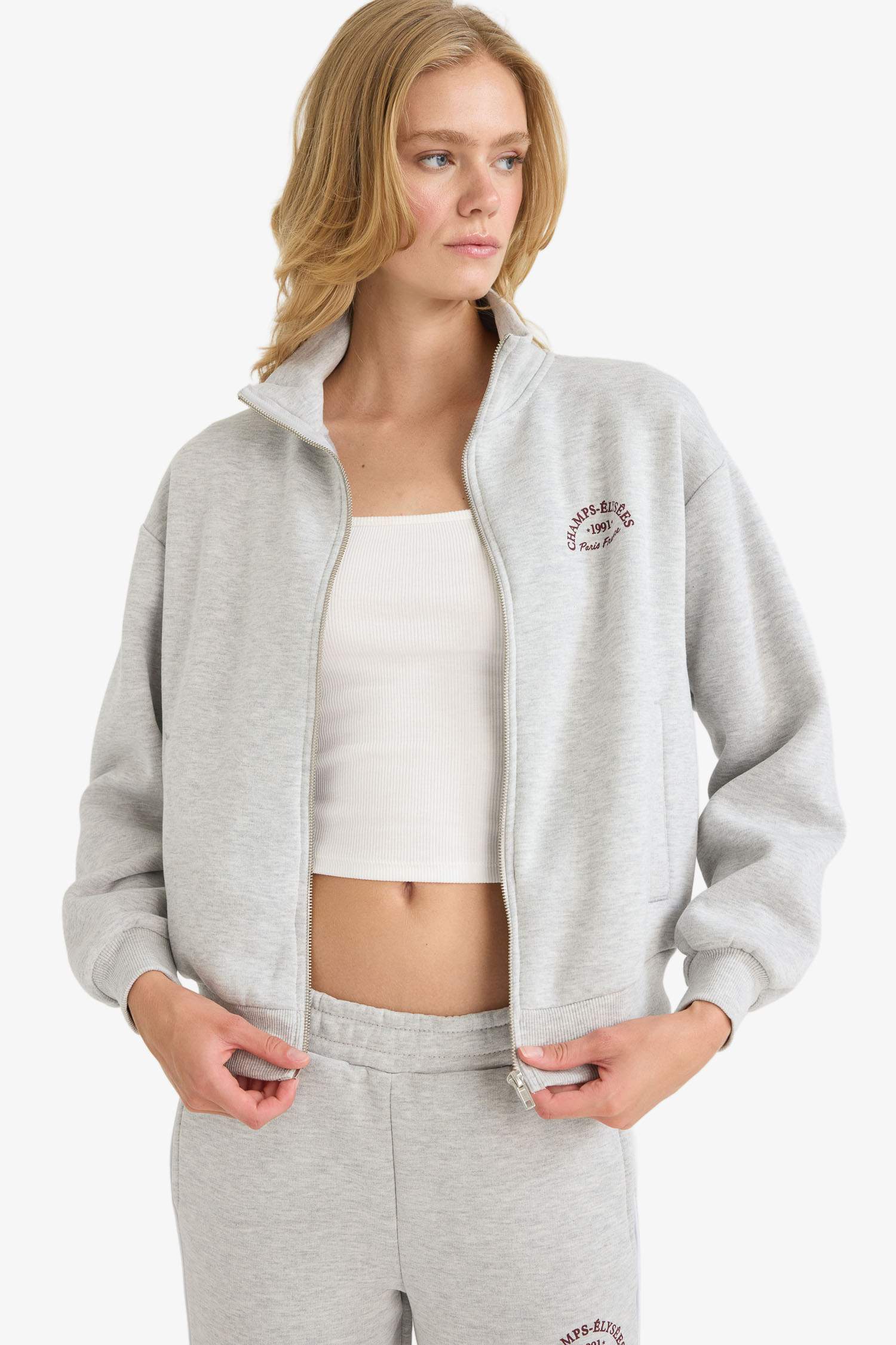 Relax Fit Half Turtleneck Printed Thick Sweatshirt Fabric Cardigan