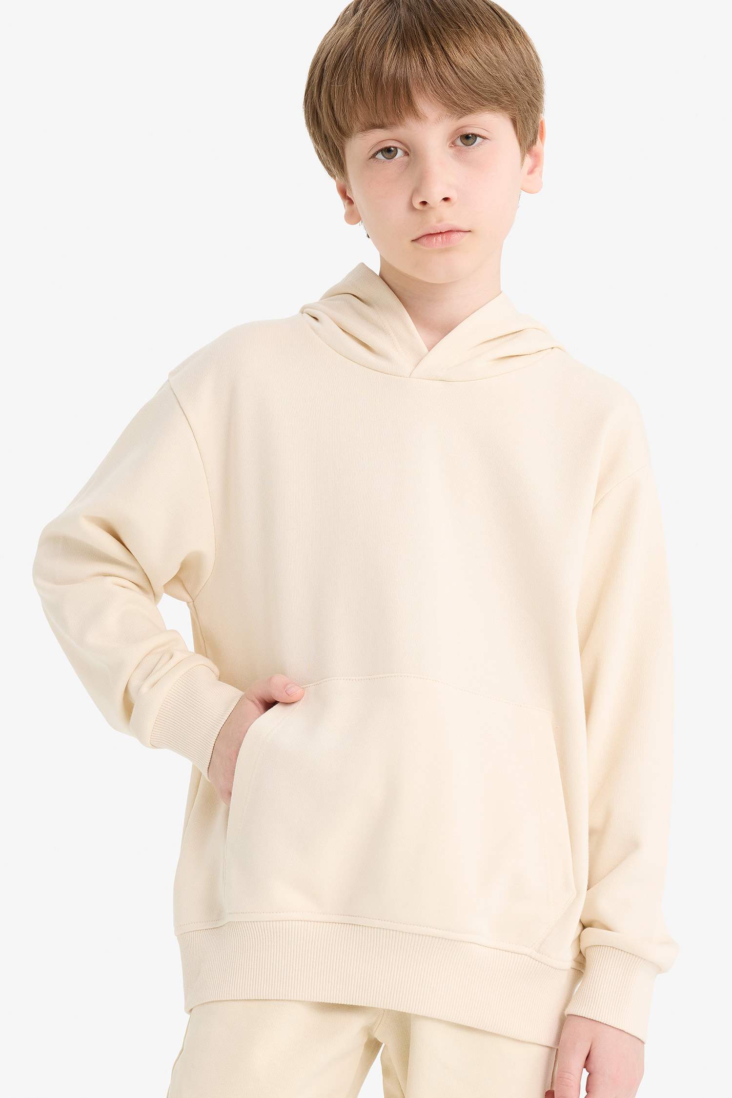 Erkek Çocuk Basic Düz Kapüşonlu Okul Sweatshirt