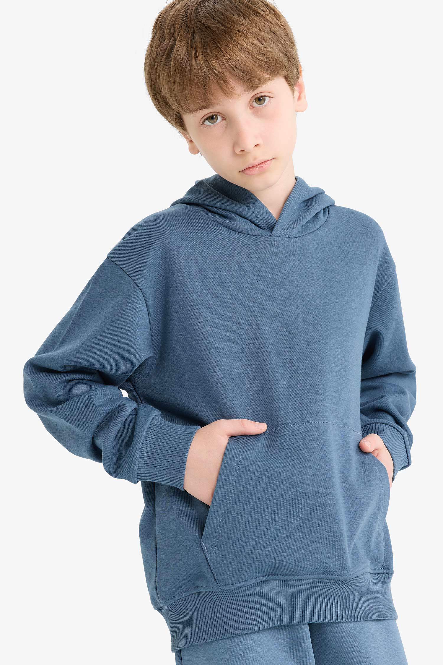 Erkek Çocuk Basic Düz Kapüşonlu Okul Sweatshirt