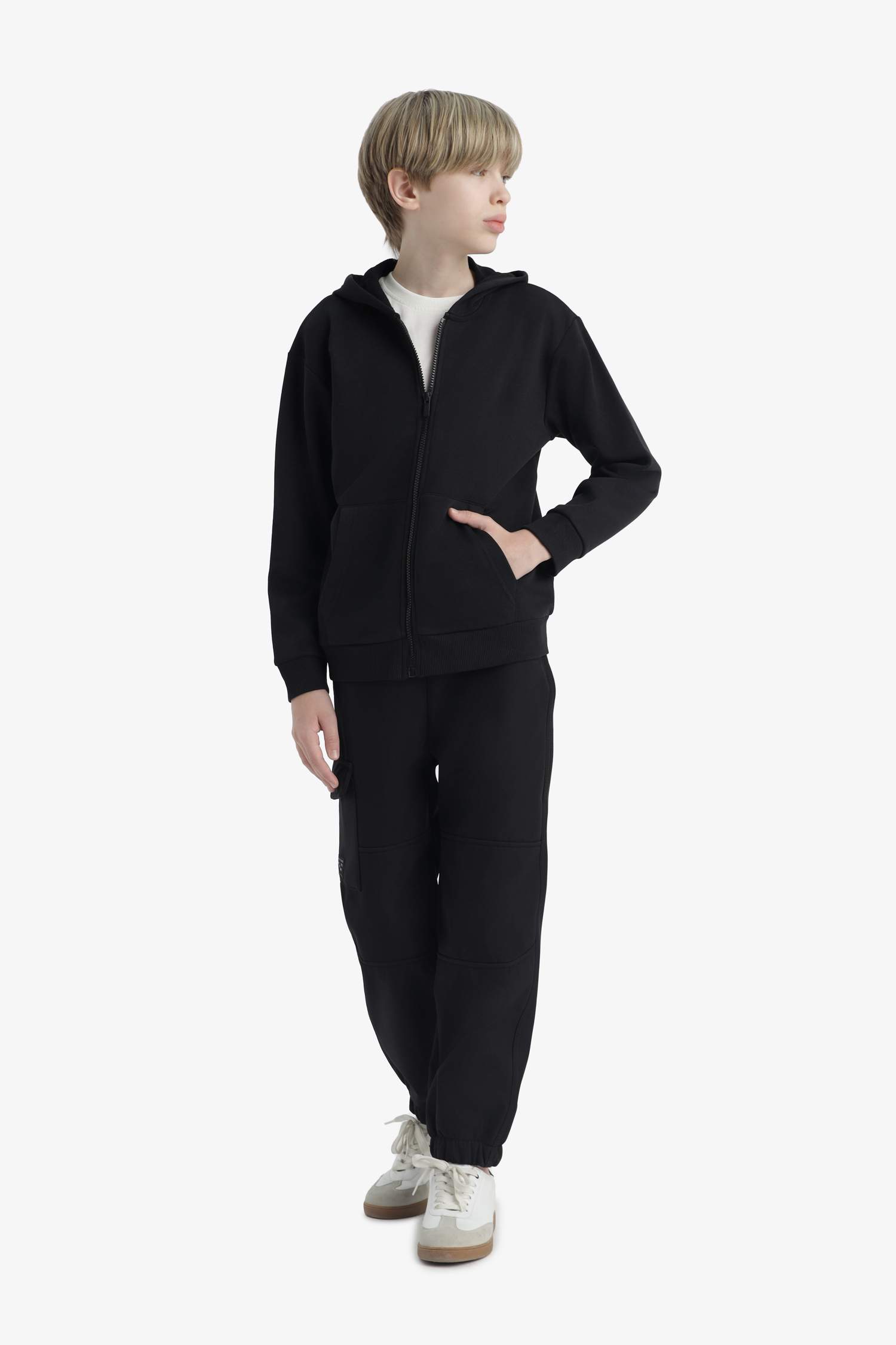 Erkek Çocuk Basic Düz Kapüşonlu Okul Fermuarlı Sweatshirt