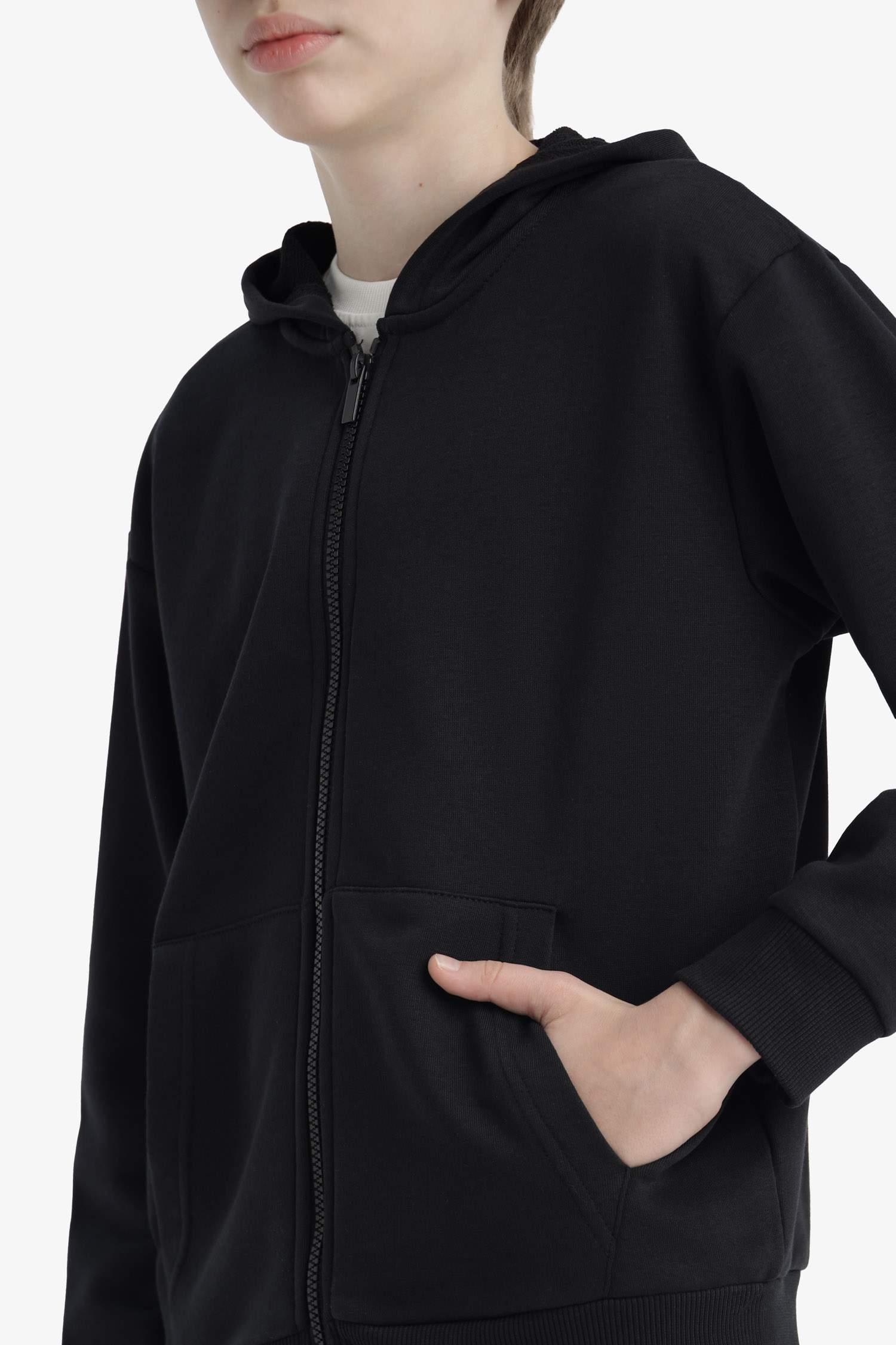 Erkek Çocuk Basic Düz Kapüşonlu Okul Fermuarlı Sweatshirt