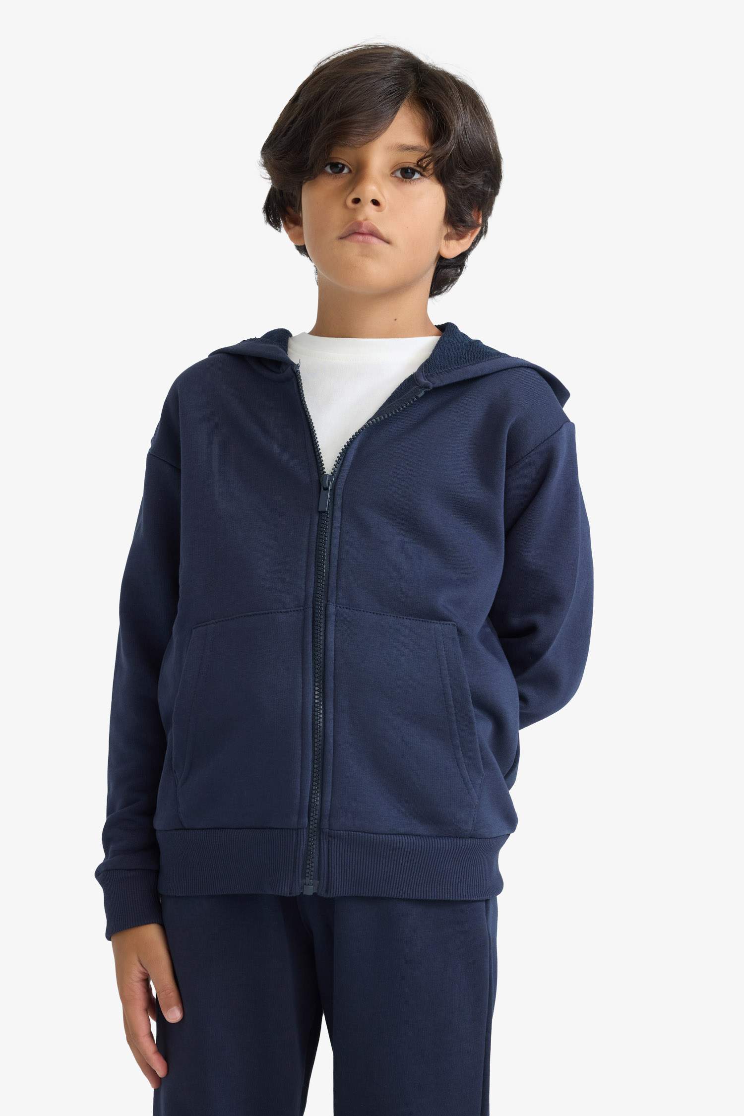 Erkek Çocuk Basic Düz Kapüşonlu Fermuarlı Sweatshirt