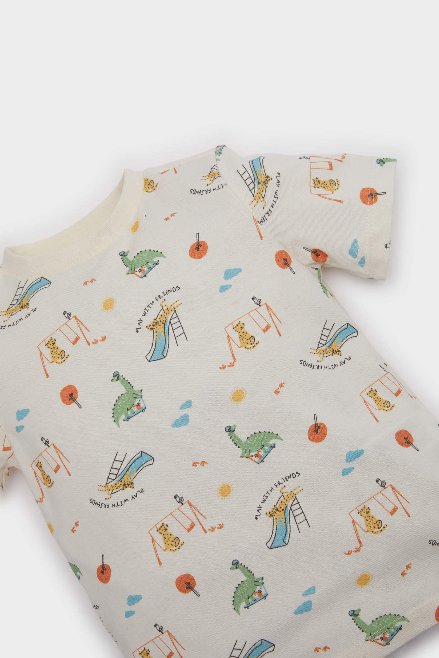 Erkek Bebek Pijama Takımı Dinozor Baskılı Kısa Kollu Penye Üst Beli Lastikli Şort