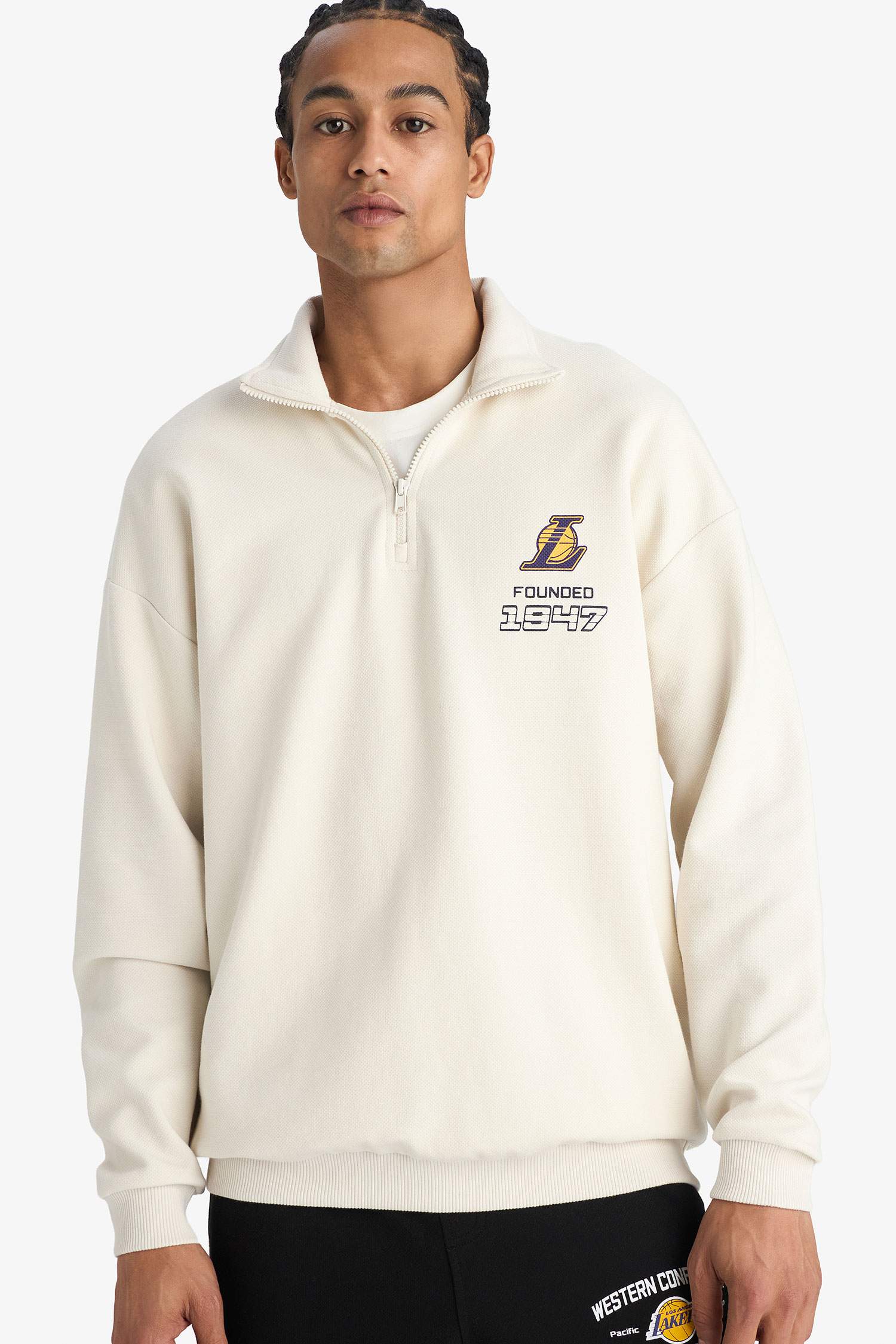 NBA Los Angeles Lakers Oversize Geniş Kalıp Dik Yaka Yarım Fermuarlı Jakarlı Sweatshirt