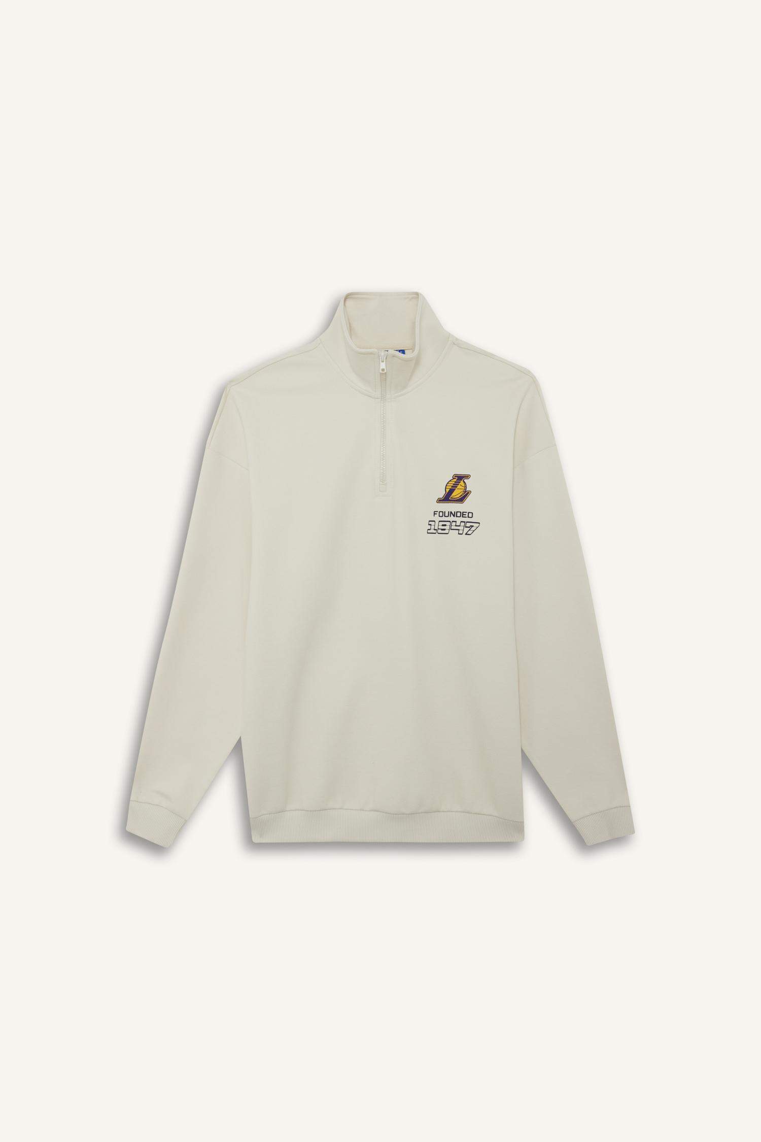 NBA Los Angeles Lakers Oversize Geniş Kalıp Dik Yaka Yarım Fermuarlı Jakarlı Sweatshirt