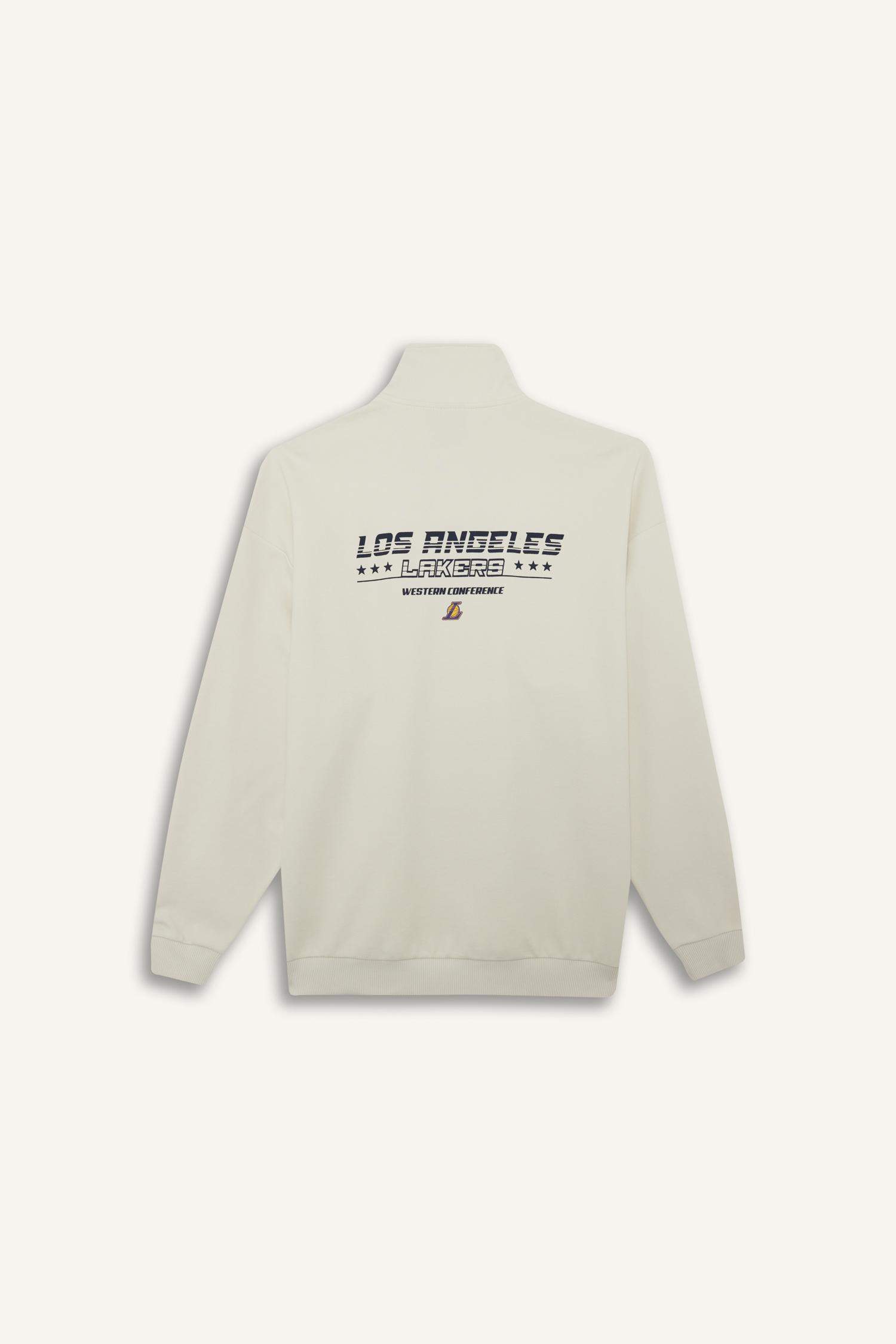 NBA Los Angeles Lakers Oversize Geniş Kalıp Dik Yaka Yarım Fermuarlı Jakarlı Sweatshirt
