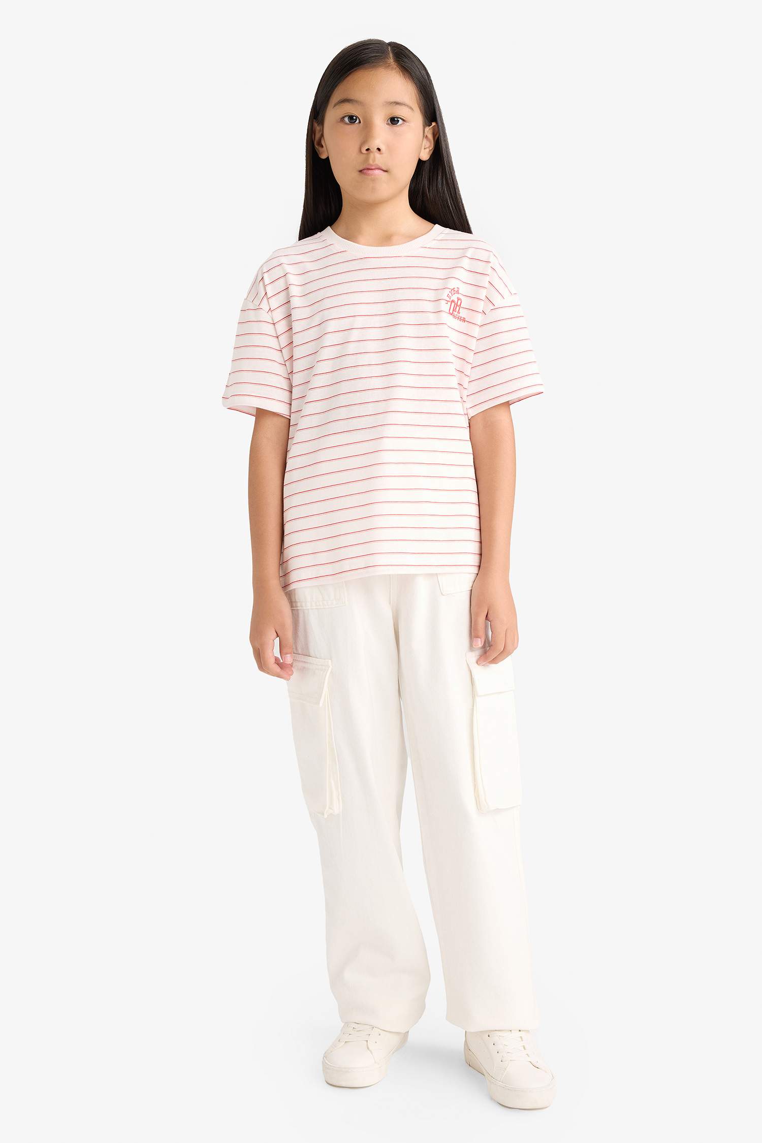 Kız Çocuk Relax Fit Bisiklet Yaka Çizgili Kısa Kollu Tişört