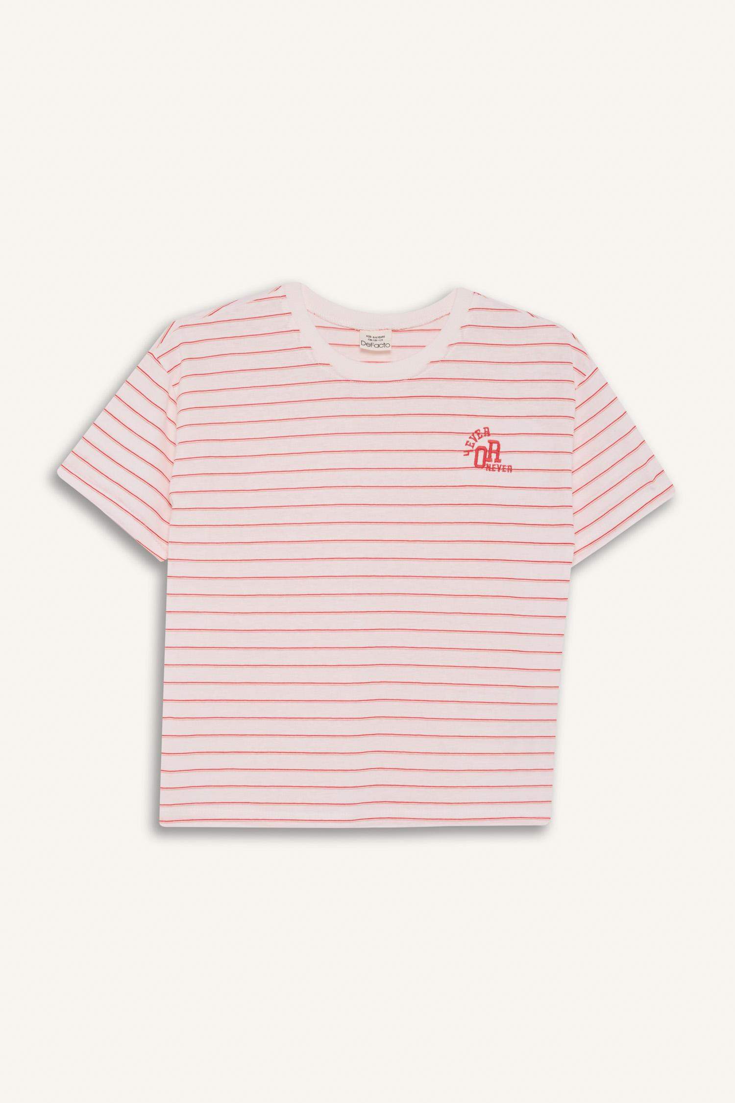Kız Çocuk Relax Fit Bisiklet Yaka Çizgili Kısa Kollu Tişört