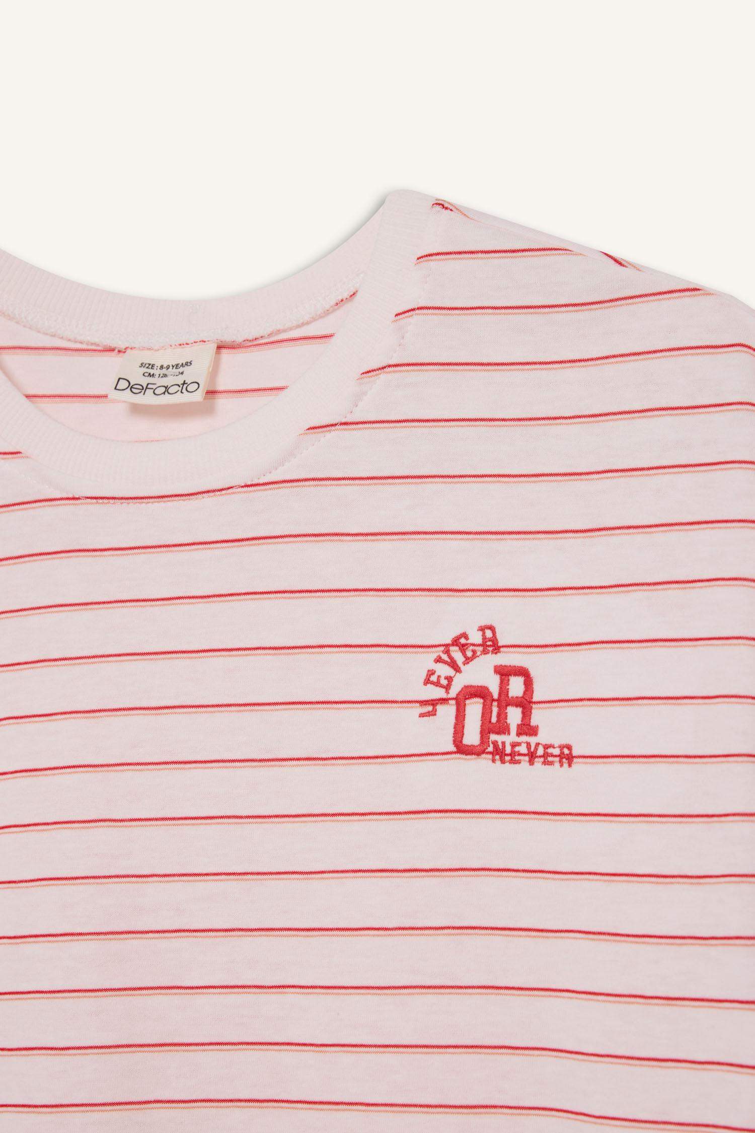 Kız Çocuk Relax Fit Bisiklet Yaka Çizgili Kısa Kollu Tişört