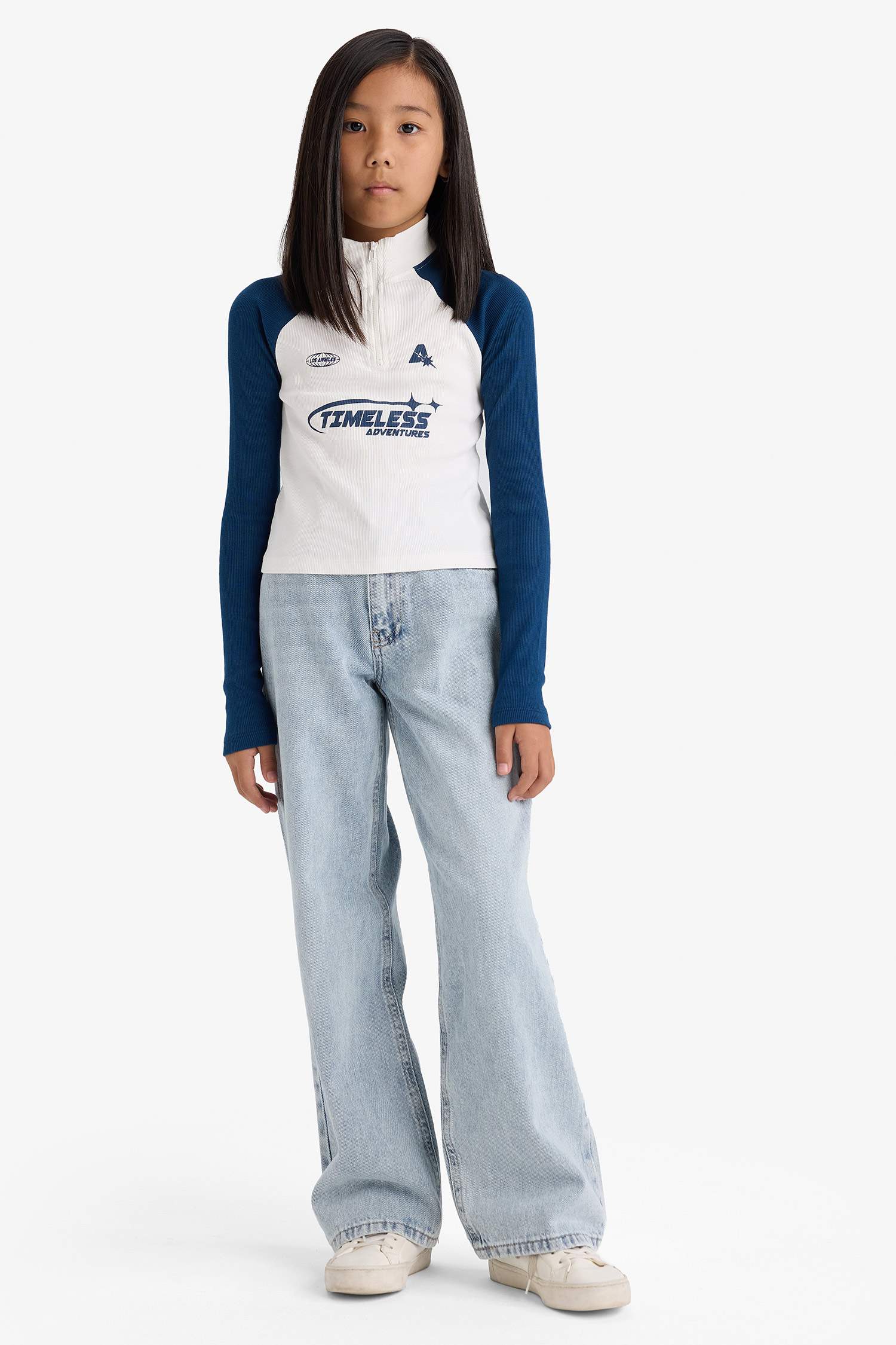 Fitted Dik Yaka Fermuarlı Baskılı Fitilli Kaşkorse Uzun Kollu Tişört Kız Çocuk